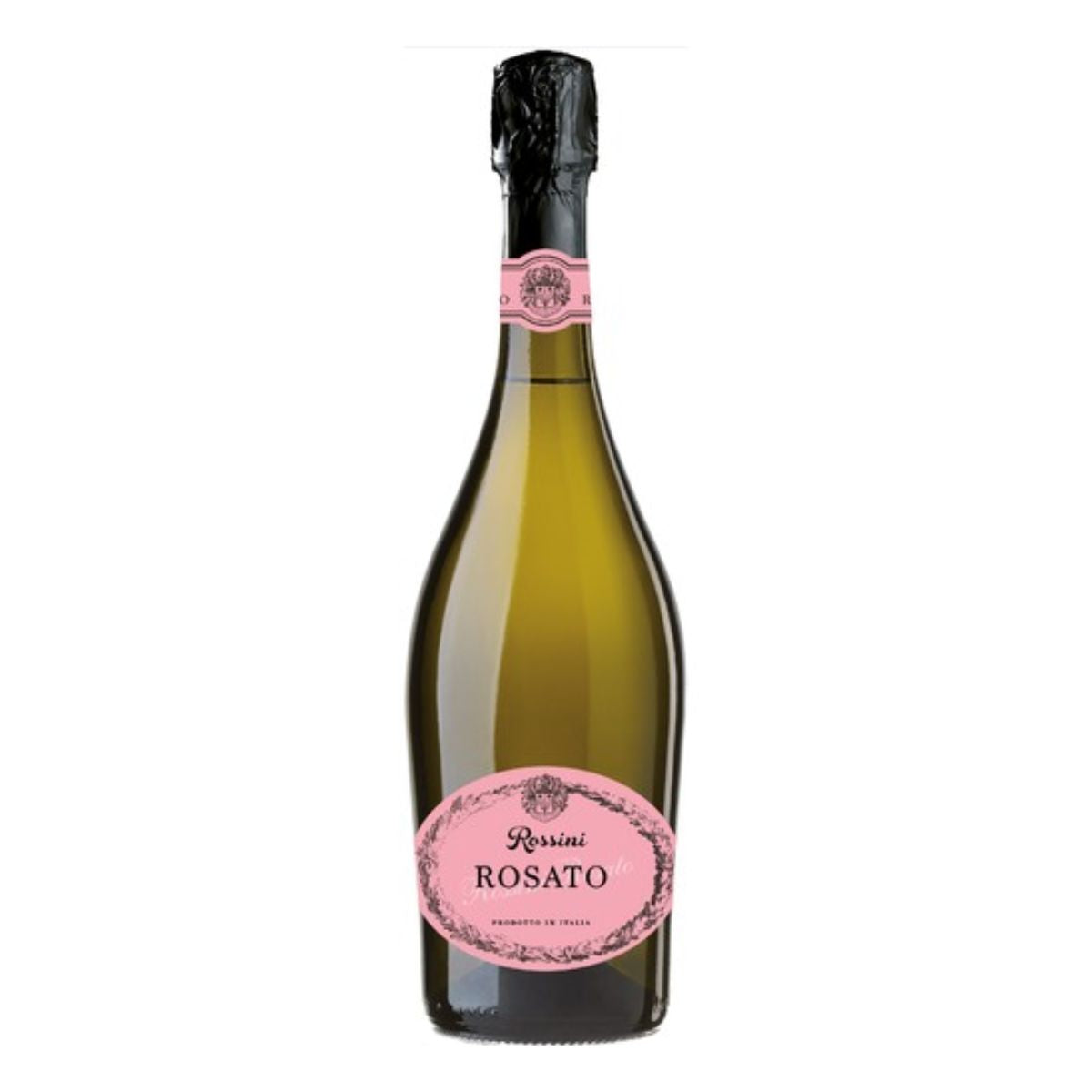 A bottle of Rossini - Rosato - 750ml with a pink label. A bottle of Rossini - Rosato - 750ml with a pink label.