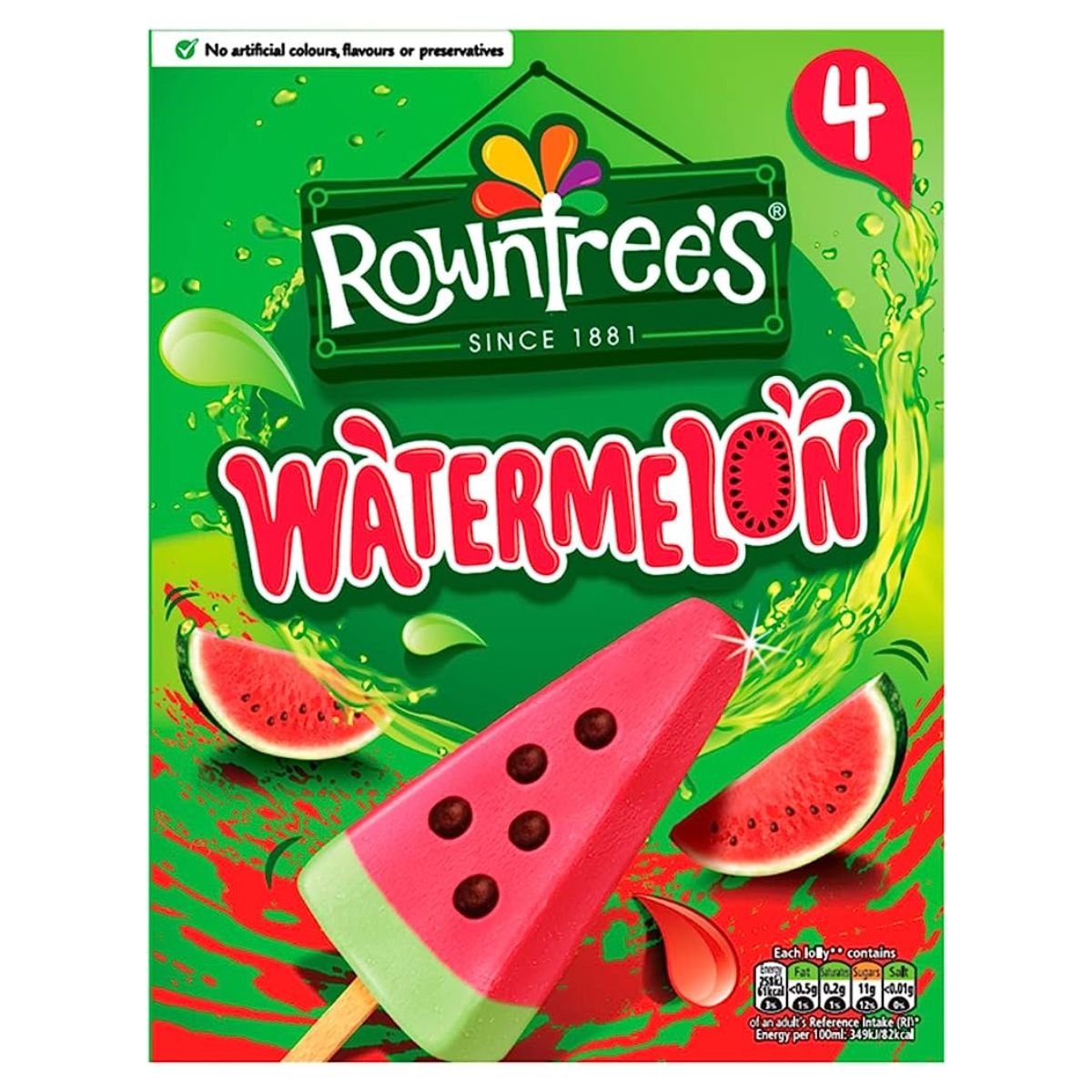A box of Rowntrees - Watermelon - 4 x 67g with a lollipop on it. A box of Rowntrees - Watermelon - 4 x 67g with a lollipop on it.