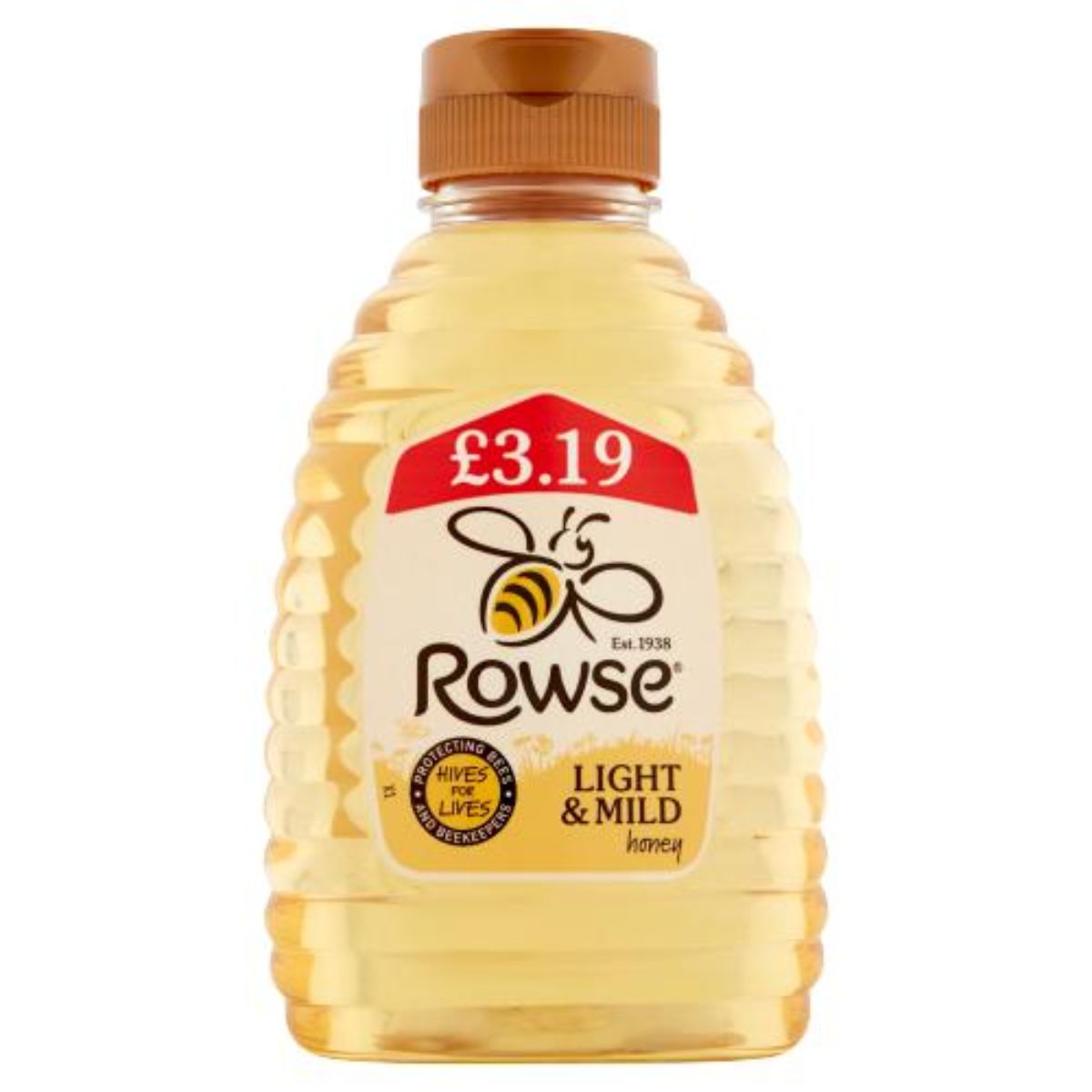 A bottle of Rowse - Light & Mild Honey - 340g with a price tag of £3.19.