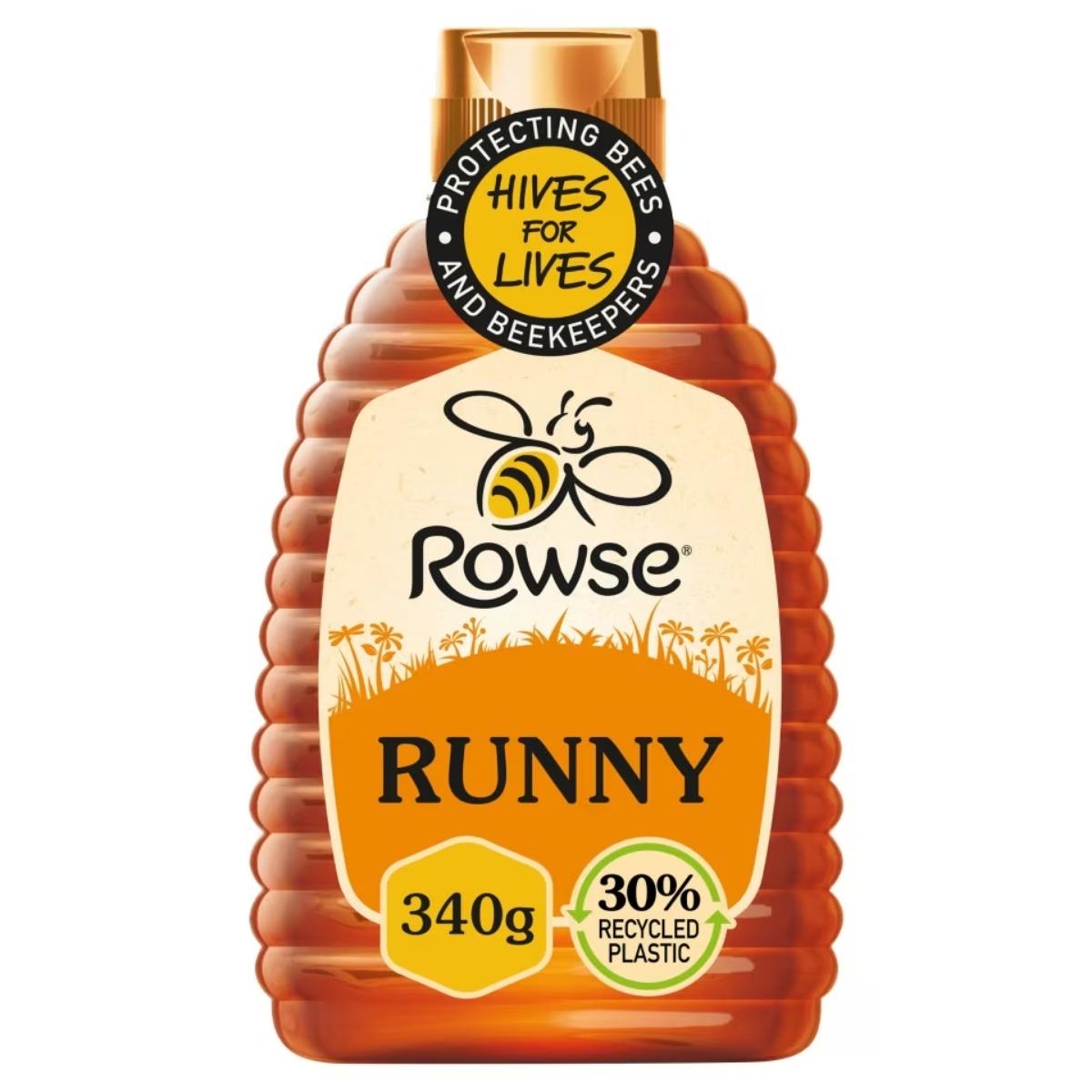 The 340g Rowse Runny Honey, packaged in 30% recycled plastic, features a smooth texture and "Protecting Bees and Beekeepers." It's made with natural ingredients. The 340g Rowse Runny Honey, packaged in 30% recycled plastic, features a smooth texture and "Protecting Bees and Beekeepers." It's made with natural ingredients.