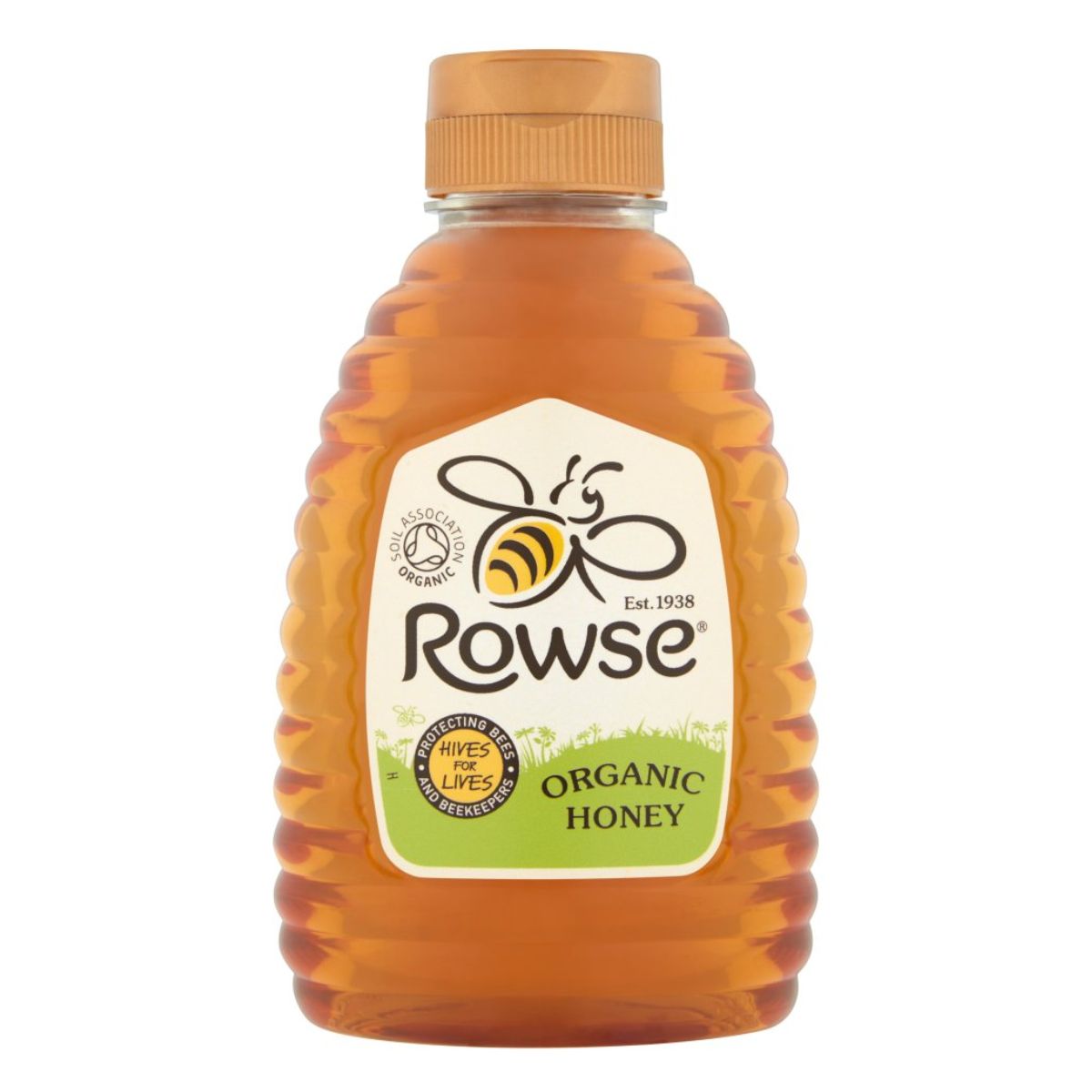 A bottle of Rowse - Organic Honey - 340g on a white background.