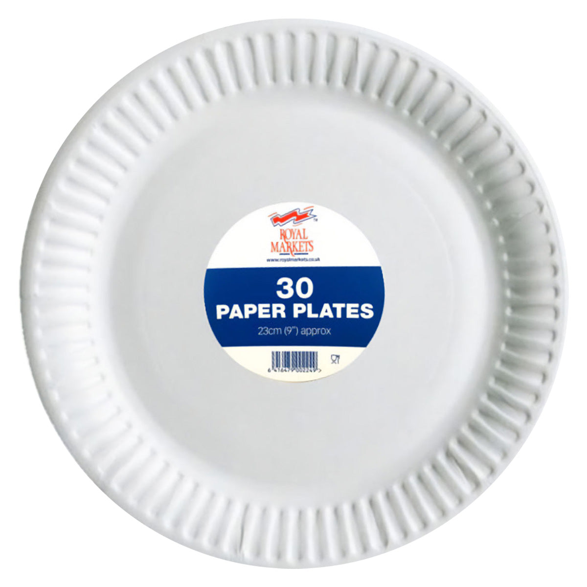 A white Royal Markets - Disposable Paper Plates 23cm - 30 Pack on a background. A white Royal Markets - Disposable Paper Plates 23cm - 30 Pack on a background.