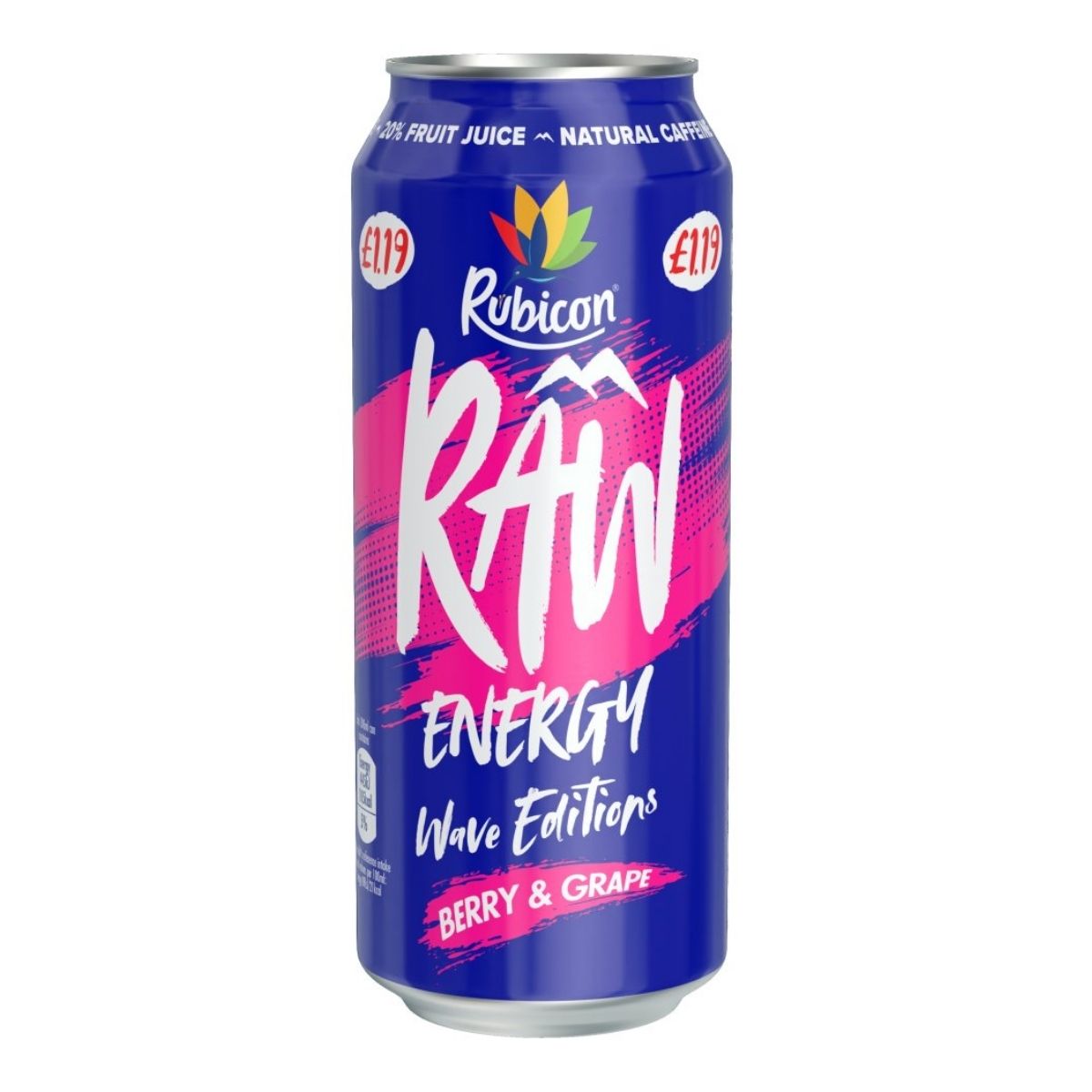 Rubicon - Raw Energy Berry & Grape 500ml delivers a natural energy boost in a tall can featuring vibrant blue and pink design, topped with a £1.19 price label. Rubicon - Raw Energy Berry & Grape 500ml delivers a natural energy boost in a tall can featuring vibrant blue and pink design, topped with a £1.19 price label.