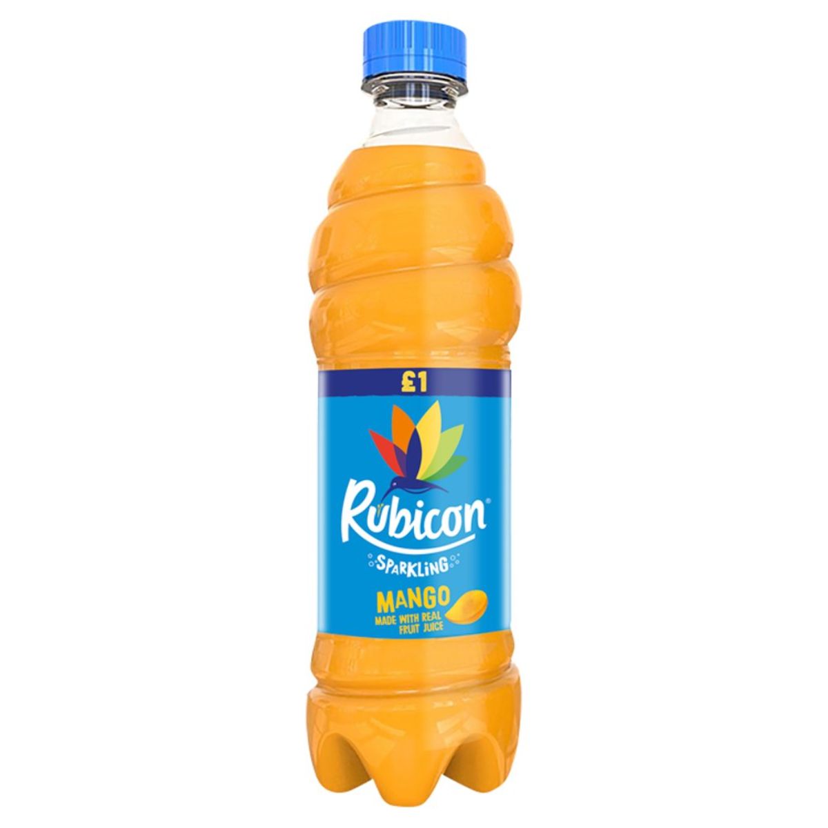 A bottle of Rubicon - Sparkling Mango - 500ml on a white background. A bottle of Rubicon - Sparkling Mango - 500ml on a white background.