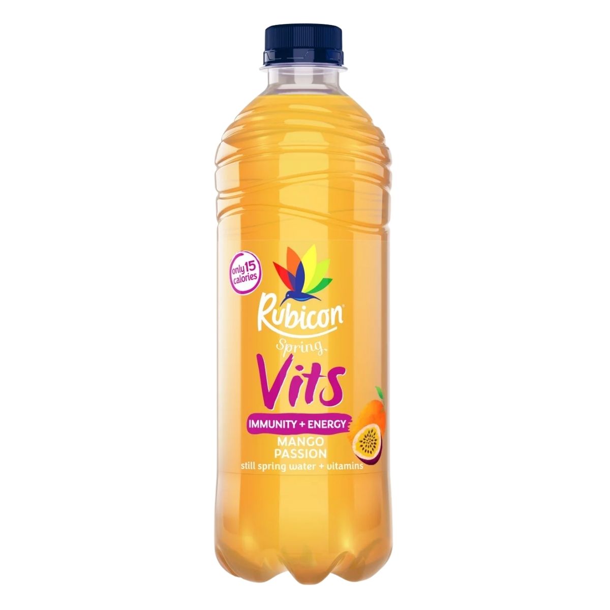 A clear 500ml Rubicon Spring Water Vits Mango Passion bottle with a blue cap and orange liquid. The label highlights “immunity & energy,” “only 15 calories,” and added vitamins. Brand: Rubicon. A clear 500ml Rubicon Spring Water Vits Mango Passion bottle with a blue cap and orange liquid. The label highlights “immunity & energy,” “only 15 calories,” and added vitamins. Brand: Rubicon.