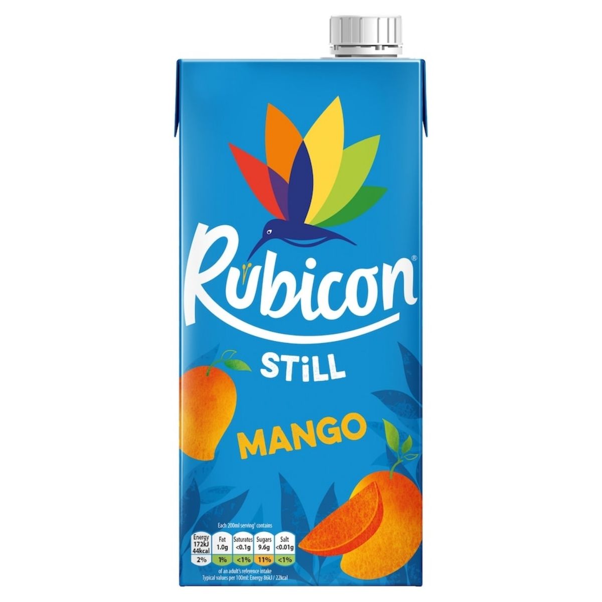 A 1L carton of Rubicon - Still Mango Juice, featuring a vibrant logo and mango images, is available in blue. A 1L carton of Rubicon - Still Mango Juice, featuring a vibrant logo and mango images, is available in blue.