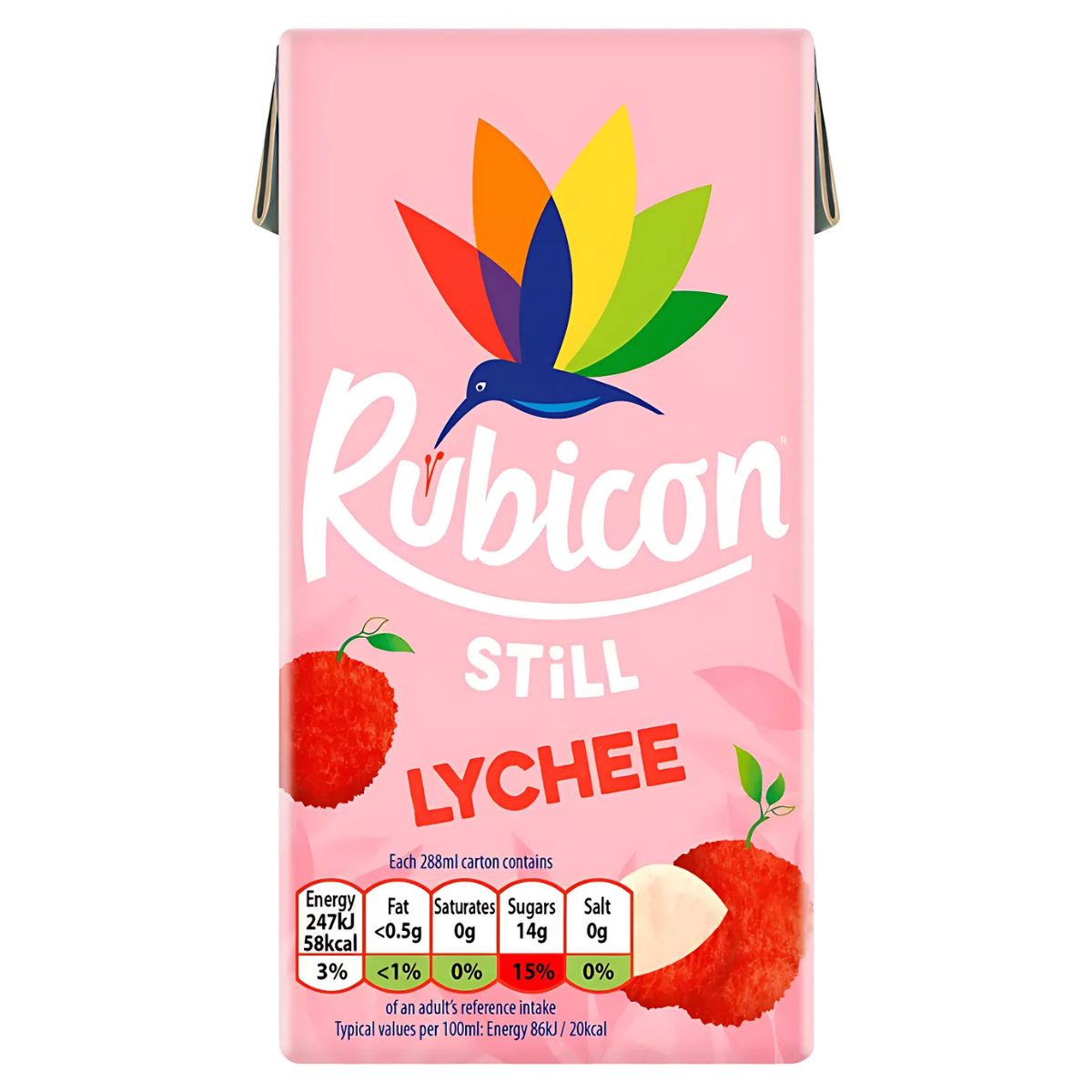 A 1-litre carton of Rubicon Lychee Still Juice Drink features a colorful hummingbird logo, vivid lychee fruit images, and front-of-pack nutritional info, showcasing its refreshing tropical flavor. A 1-litre carton of Rubicon Lychee Still Juice Drink features a colorful hummingbird logo, vivid lychee fruit images, and front-of-pack nutritional info, showcasing its refreshing tropical flavor.