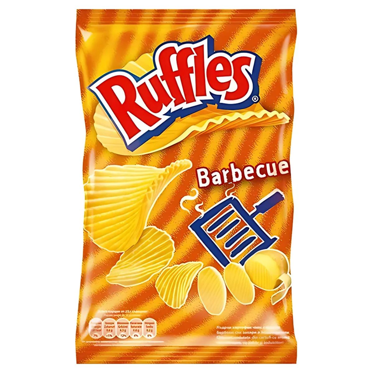 A 140g bag of Ruffles Barbecue chips with an orange background, showing ridged potato chips and a stylized grill on the packaging. A 140g bag of Ruffles Barbecue chips with an orange background, showing ridged potato chips and a stylized grill on the packaging.