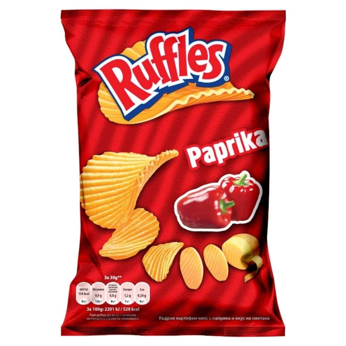A 140g bag of Ruffles Paprika Flavoured Crisps is displayed, with ridged chips and a red pepper pictured on the pack, emphasizing their savoury taste and smoky paprika seasoning. A 140g bag of Ruffles Paprika Flavoured Crisps is displayed, with ridged chips and a red pepper pictured on the pack, emphasizing their savoury taste and smoky paprika seasoning.