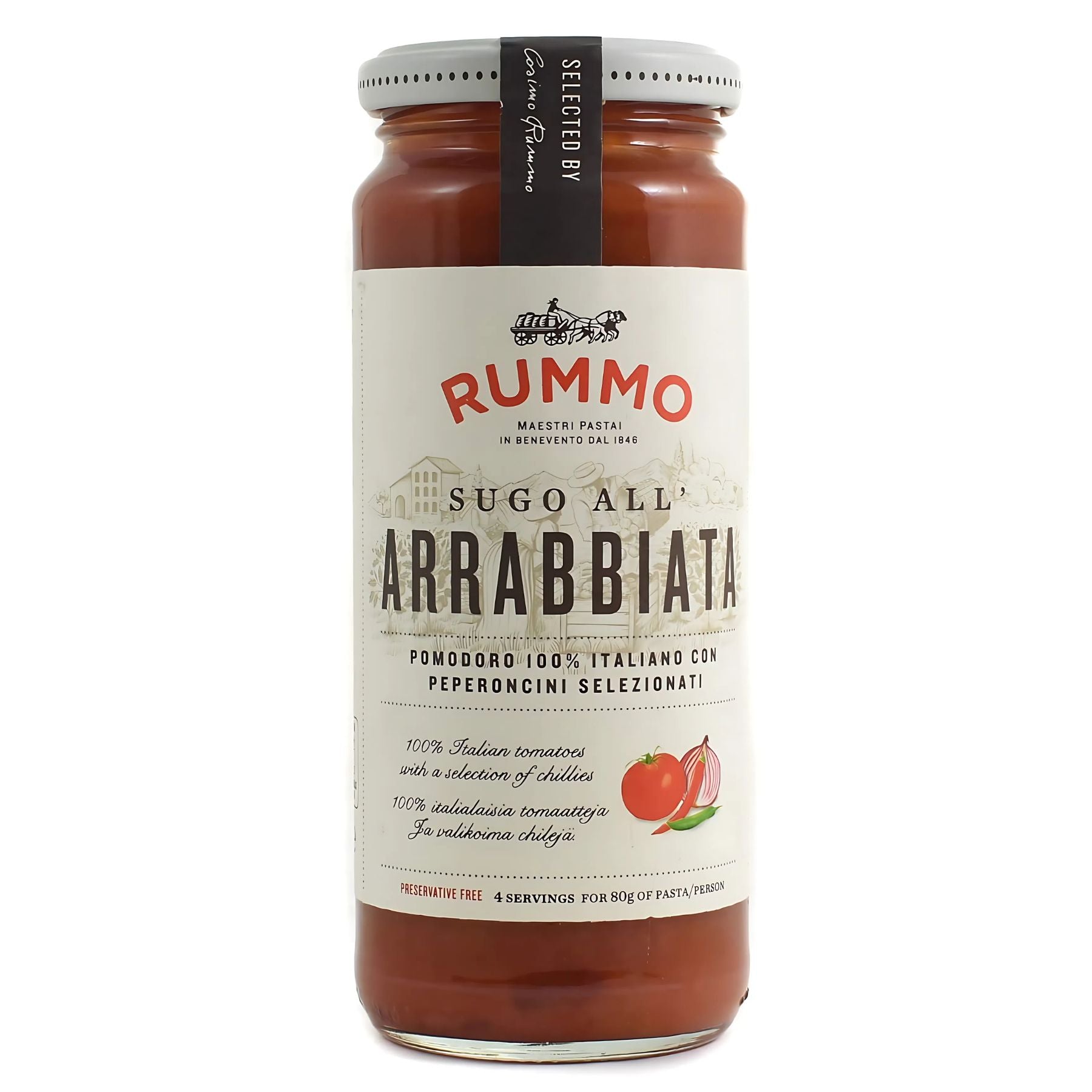 A 340g glass jar of Rummo Arrabbiata Pasta Sauce with a white label, red and black text, tomato graphics, and ingredient details—a bold tomato sauce with chilli for a spicy kick. A 340g glass jar of Rummo Arrabbiata Pasta Sauce with a white label, red and black text, tomato graphics, and ingredient details—a bold tomato sauce with chilli for a spicy kick.