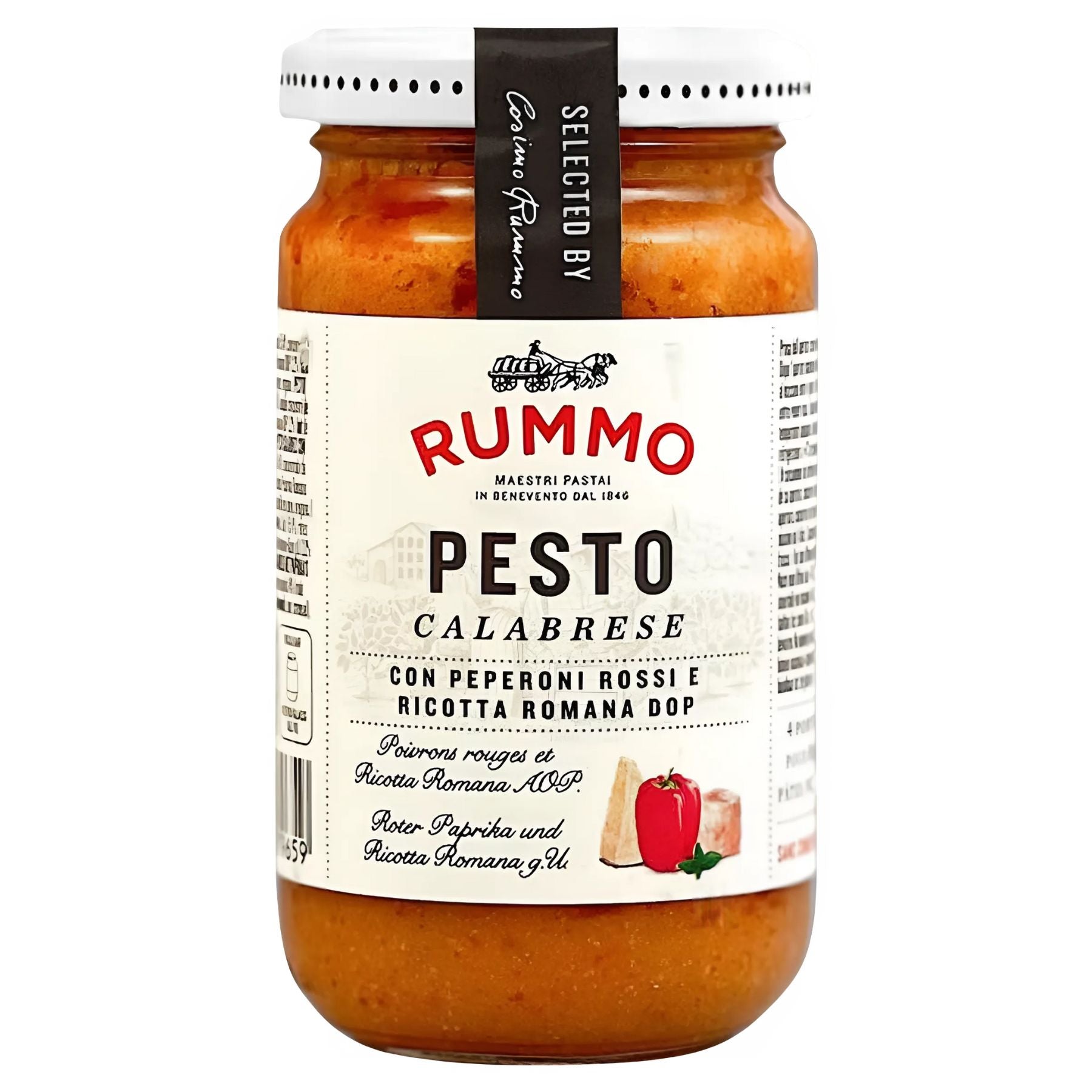 Rummo Calabrese Pesto with Peppers & Ricotta (190g) in a jar with a white label and lid—a flavorful choice for red pepper pesto lovers. Rummo Calabrese Pesto with Peppers & Ricotta (190g) in a jar with a white label and lid—a flavorful choice for red pepper pesto lovers.