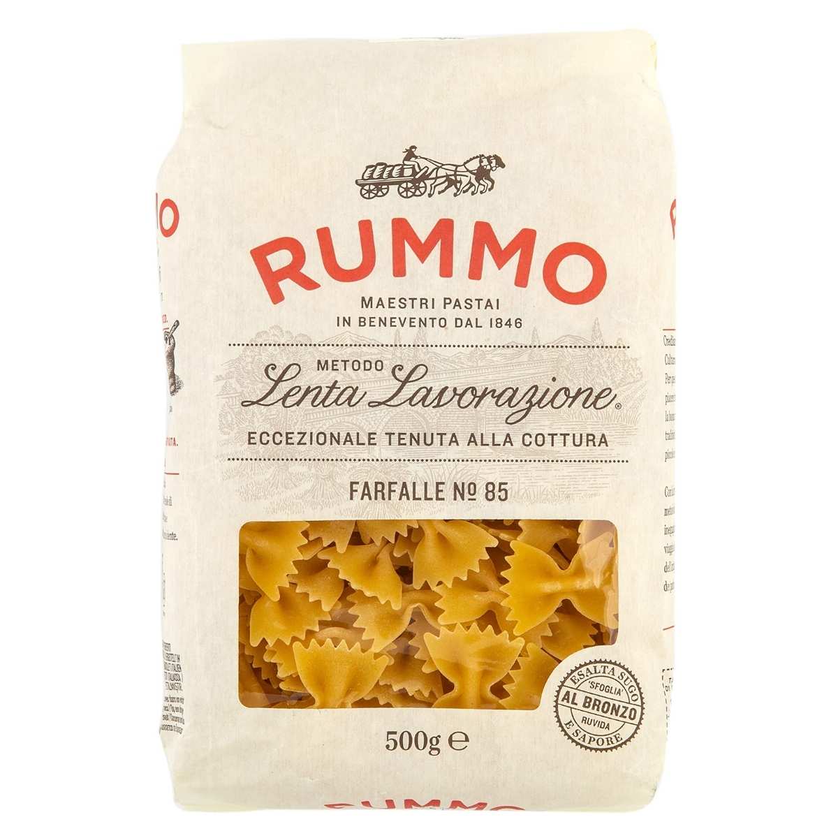 The Rummo Farfalle Pasta No. 85 features exquisite bow-tie pasta crafted from high-quality durum wheat semolina. The 500g package displays perfectly shaped pieces against a stylish beige background accented with bold red and black text and logo, visible through a clear section. The Rummo Farfalle Pasta No. 85 features exquisite bow-tie pasta crafted from high-quality durum wheat semolina. The 500g package displays perfectly shaped pieces against a stylish beige background accented with bold red and black text and logo, visible through a clear section.