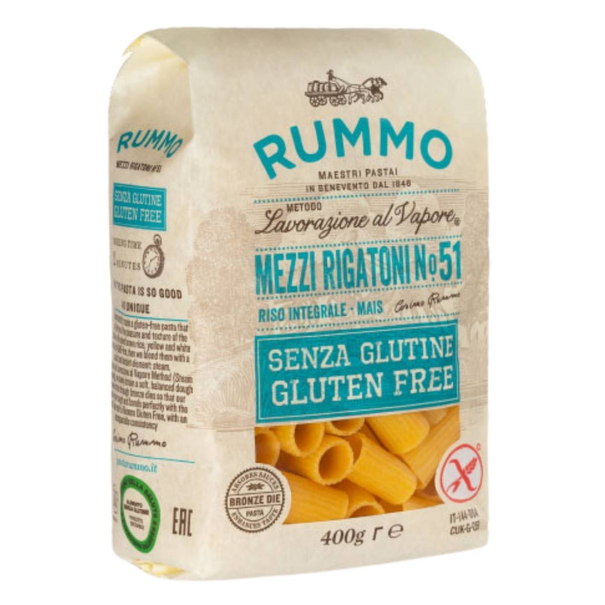 A 400g package of Rummo Gluten Free Mezzi Rigatoni Pasta No. 51, crafted from rice and corn. A 400g package of Rummo Gluten Free Mezzi Rigatoni Pasta No. 51, crafted from rice and corn.