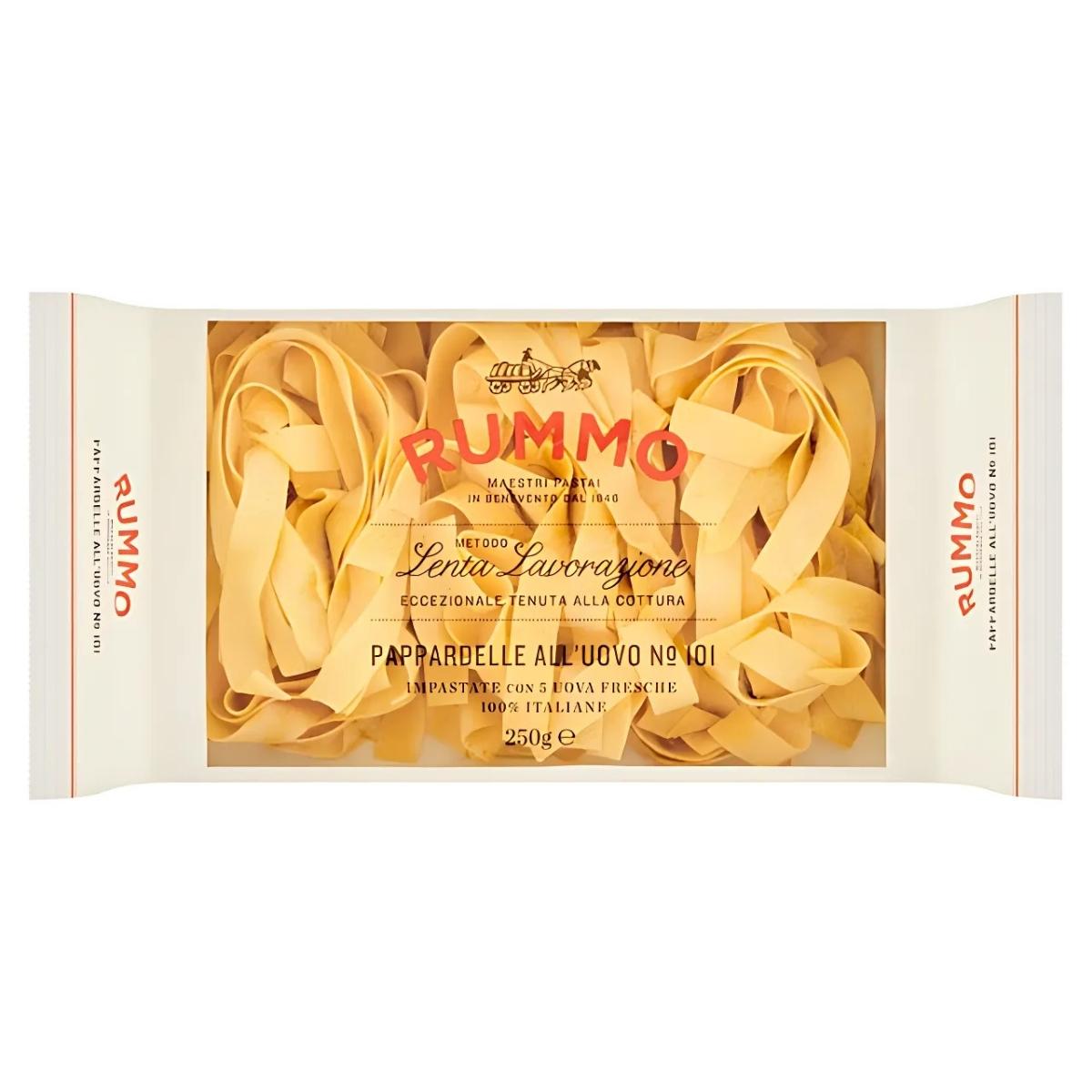 Package of Rummo - Pappardelle All'uovo Pasta No.101, a staple in Italian cuisine, with "Lenta Lavorazione" label and 250g net weight. Package of Rummo - Pappardelle All'uovo Pasta No.101, a staple in Italian cuisine, with "Lenta Lavorazione" label and 250g net weight.