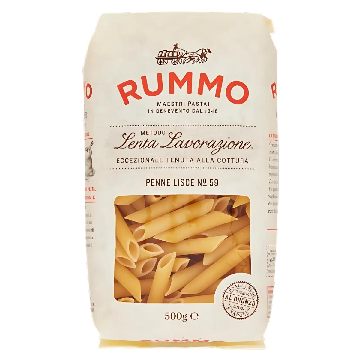 Package of Rummo - Penne Lisce Pasta No.59, 500g, made from premium durum wheat with a front viewing window. Package of Rummo - Penne Lisce Pasta No.59, 500g, made from premium durum wheat with a front viewing window.