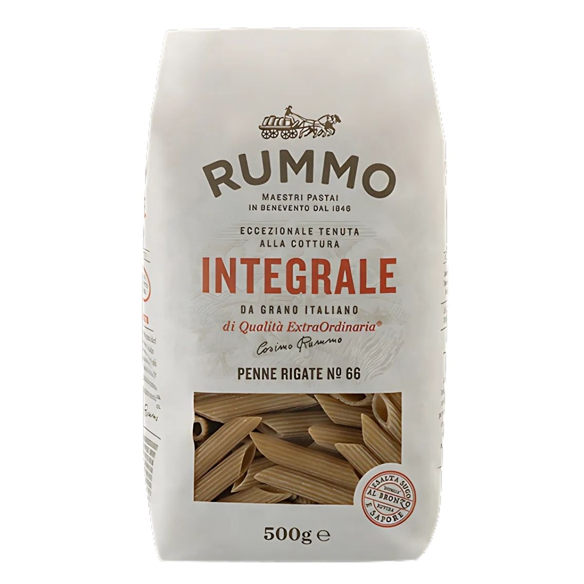 Rummo Wholewheat Penne Rigate Pasta No.66, made from premium wholewheat semolina, 500g package. Rummo Wholewheat Penne Rigate Pasta No.66, made from premium wholewheat semolina, 500g package.
