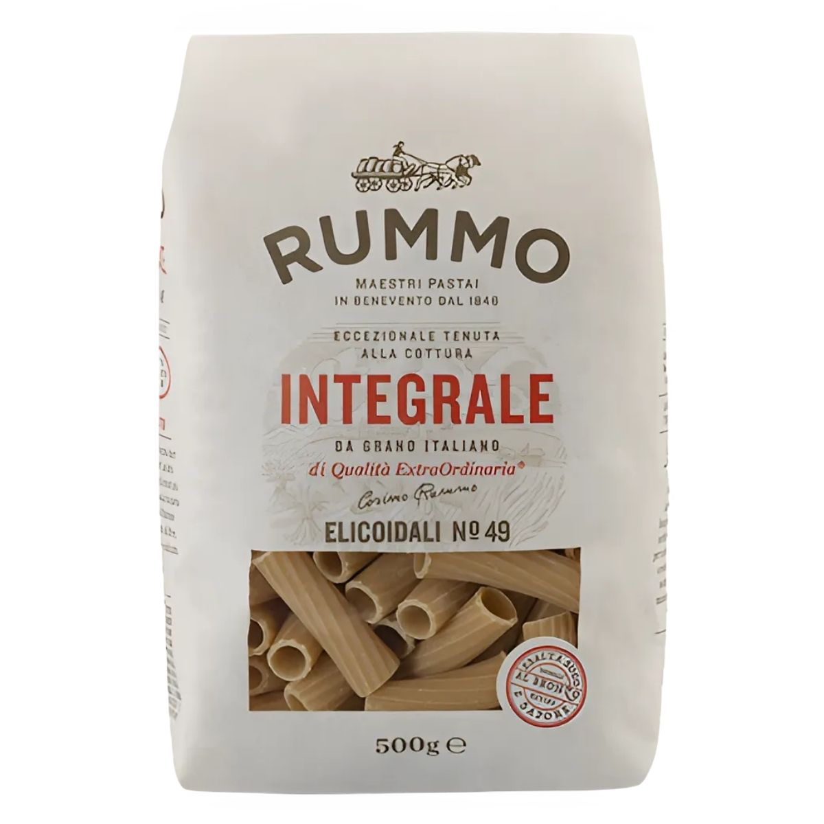 A 500g package of Rummo - Wholewheat Elicoidali Pasta No.49 is displayed, featuring the brand's logo and Italian text on the packaging. A 500g package of Rummo - Wholewheat Elicoidali Pasta No.49 is displayed, featuring the brand's logo and Italian text on the packaging.