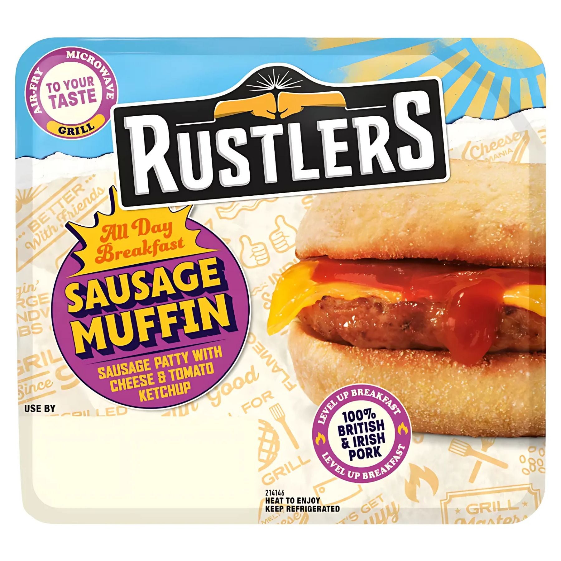 The Rustlers - All Day Breakfast Sausage Muffin (155g) features a sausage patty with cheese, tomato, and ketchup in a muffin. Made with British & Irish pork, it's quick to microwave—ideal for an easy breakfast sandwich. The Rustlers - All Day Breakfast Sausage Muffin (155g) features a sausage patty with cheese, tomato, and ketchup in a muffin. Made with British & Irish pork, it's quick to microwave—ideal for an easy breakfast sandwich.