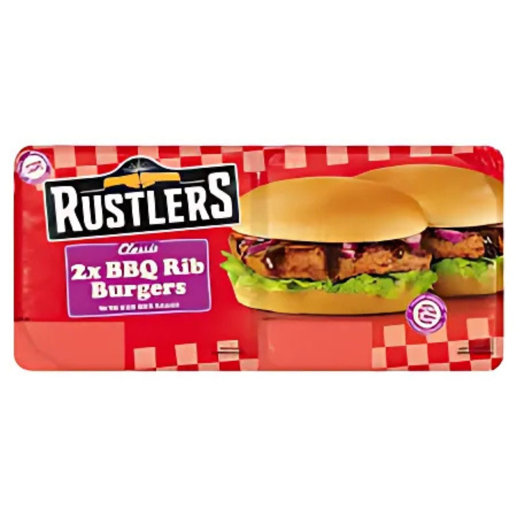 A pack of Rustlers - Classic 2x BBQ Rib Burgers With BBQ Sauce (244g), showing two beef burgers with lettuce, onions, and BBQ sauce on the packaging. A pack of Rustlers - Classic 2x BBQ Rib Burgers With BBQ Sauce (244g), showing two beef burgers with lettuce, onions, and BBQ sauce on the packaging.