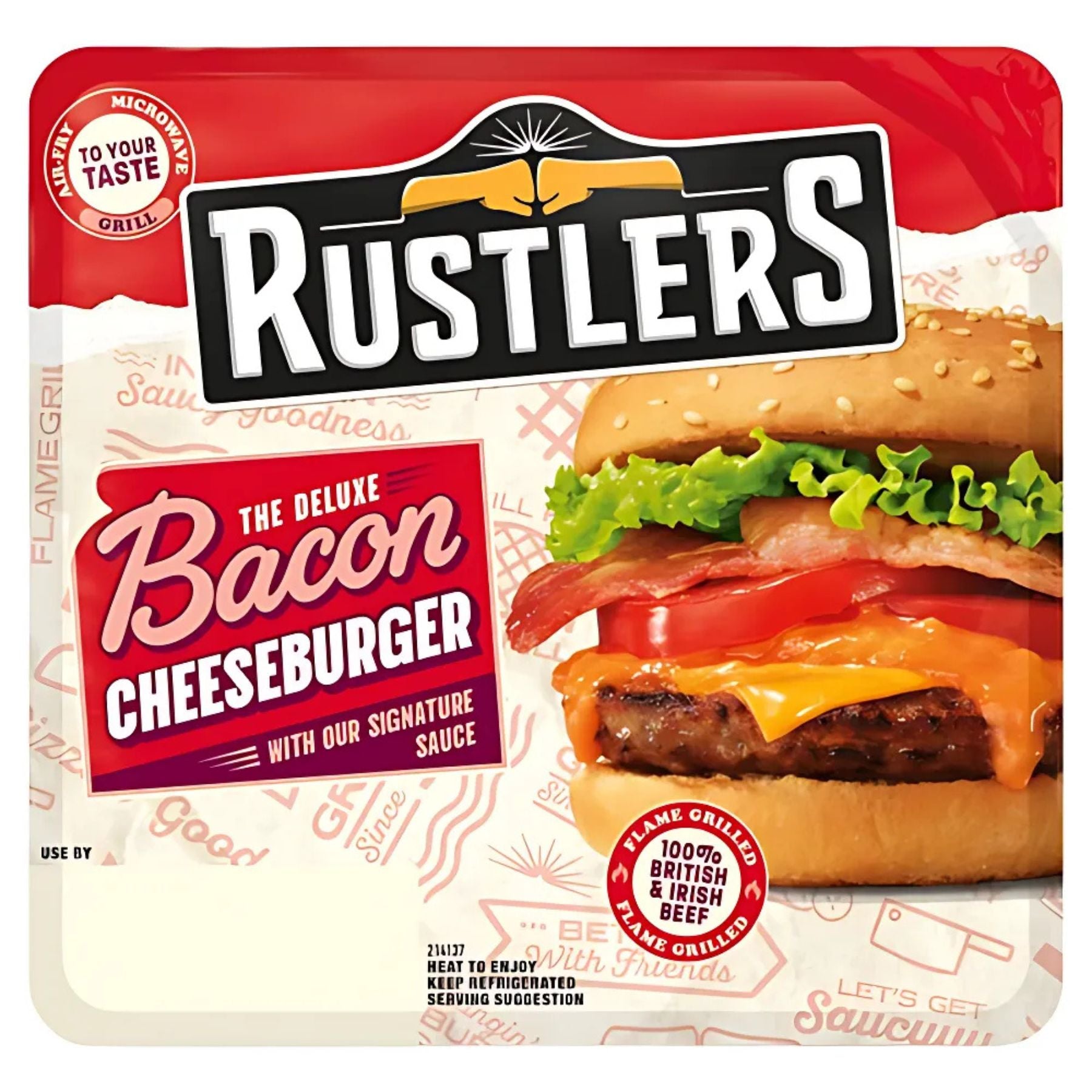 Packaging for Rustlers - The Deluxe Bacon Cheeseburger - 191g features a bacon cheeseburger with lettuce, cheese, and sauce in a bun. Text highlights British & Irish beef—a delicious, quick meal option. Packaging for Rustlers - The Deluxe Bacon Cheeseburger - 191g features a bacon cheeseburger with lettuce, cheese, and sauce in a bun. Text highlights British & Irish beef—a delicious, quick meal option.