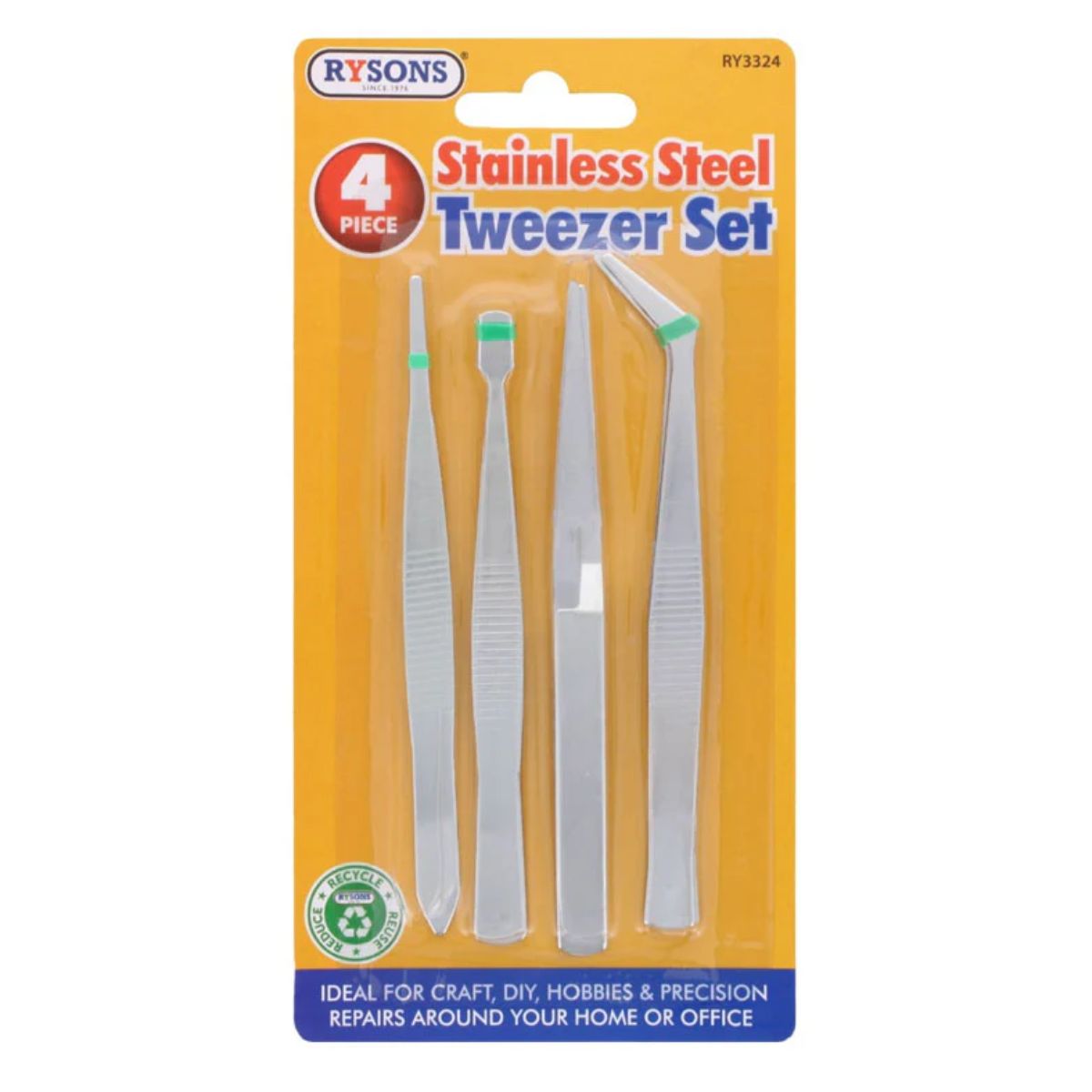 A Rysons - Steel Tweezers - 4pcs set, suitable for craft, diy, hobbies, and precision repairs. A Rysons - Steel Tweezers - 4pcs set, suitable for craft, diy, hobbies, and precision repairs.