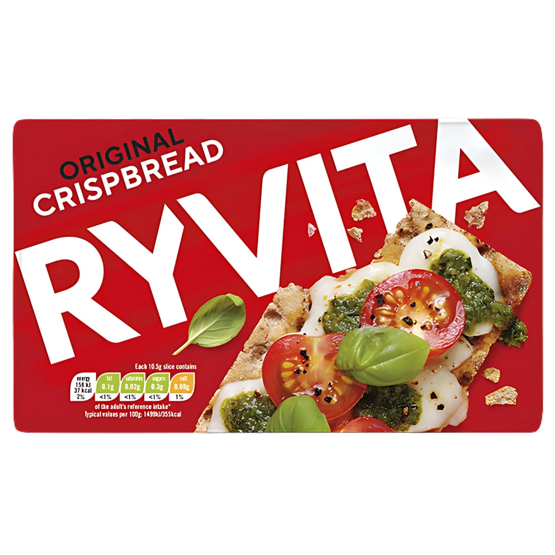 Ryvita - Original Crispbread - 200g: high fibre whole grain snack, shown in a red box topped with mozzarella, tomatoes, pesto, basil, and seasoning. Nutritional info is on the front. Ryvita - Original Crispbread - 200g: high fibre whole grain snack, shown in a red box topped with mozzarella, tomatoes, pesto, basil, and seasoning. Nutritional info is on the front.