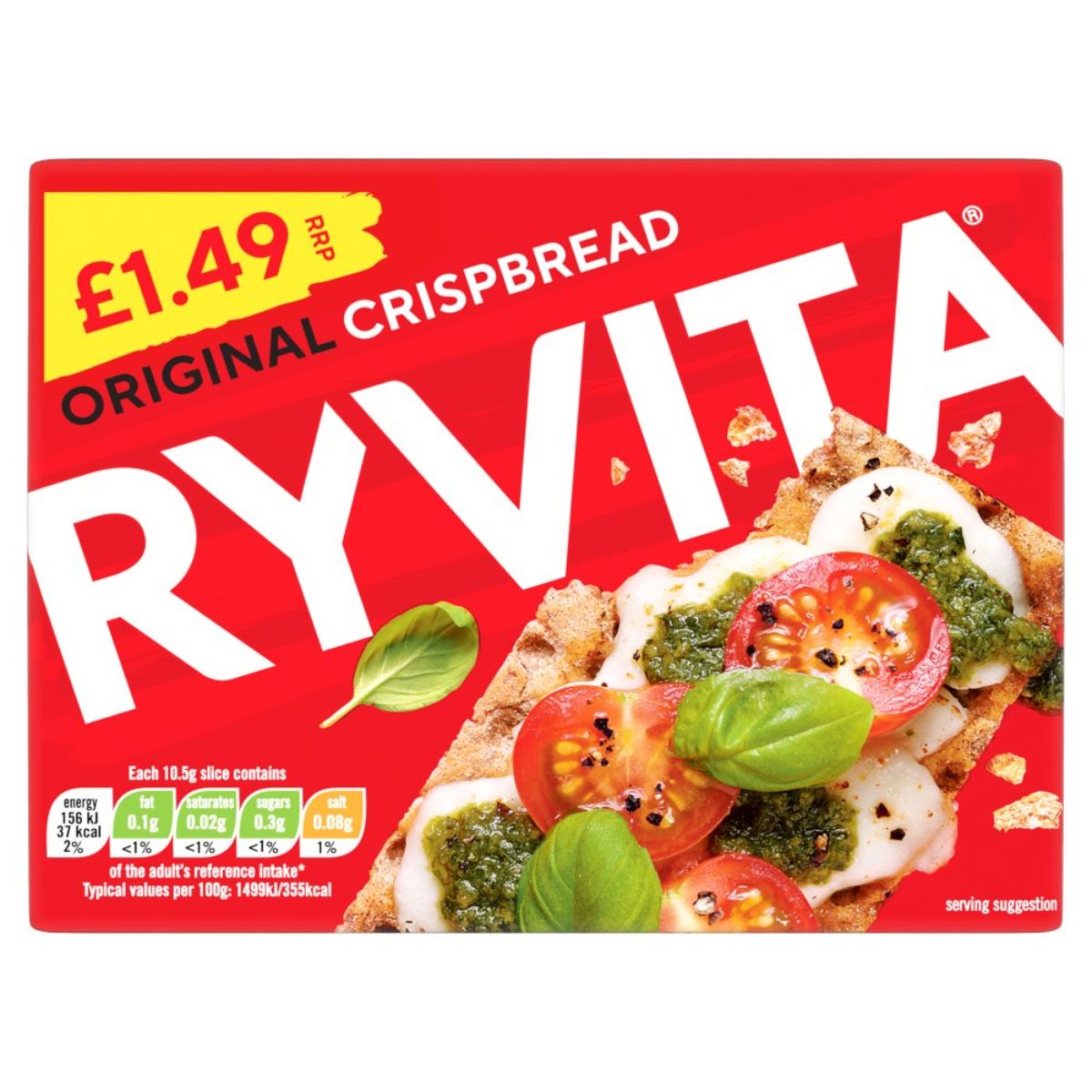 A box of Ryvita - Original Crispbread - 200g with tomatoes and basil.