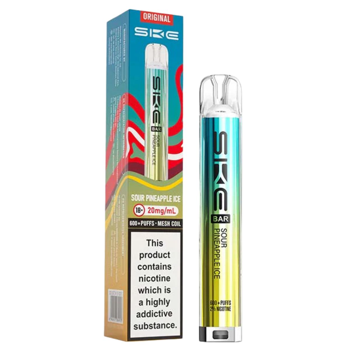 The SKE Crystal Bar 600 Sour Pineapple Ice Pod Vape Kit (20mg/mL) is pictured with its packaging, both displaying nicotine content and health warnings. Enjoy a refreshing pineapple chill in a sleek, disposable vape design. The SKE Crystal Bar 600 Sour Pineapple Ice Pod Vape Kit (20mg/mL) is pictured with its packaging, both displaying nicotine content and health warnings. Enjoy a refreshing pineapple chill in a sleek, disposable vape design.
