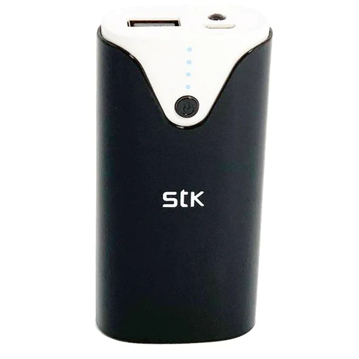 Black STK - Power Box - 4000mAh power bank with LED indicators and a single button on a white background.