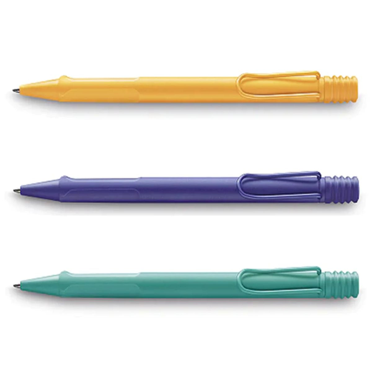 Three Safari Pens in yellow, purple, and green colors, aligned vertically on a white background.