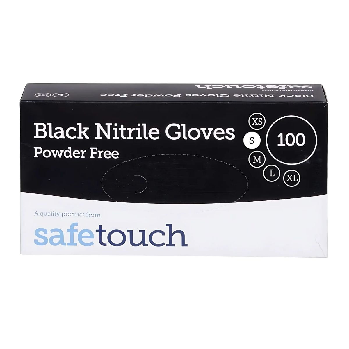 A box of Safe Touch Black Nitrile Gloves Powder Free Small contains 100 gloves. A box of Safe Touch Black Nitrile Gloves Powder Free Small contains 100 gloves.