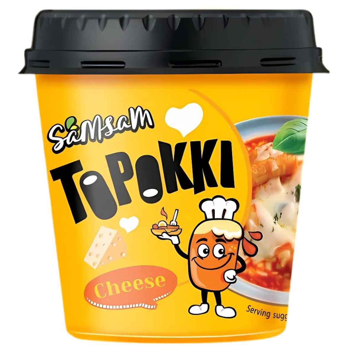 A yellow cup labeled "Samsam - Topokki Cheese Flavoured Rice Cake - 120g" features a chef-hat mascot and cheesy rice cakes, highlighting this instant Korean snack. A yellow cup labeled "Samsam - Topokki Cheese Flavoured Rice Cake - 120g" features a chef-hat mascot and cheesy rice cakes, highlighting this instant Korean snack.