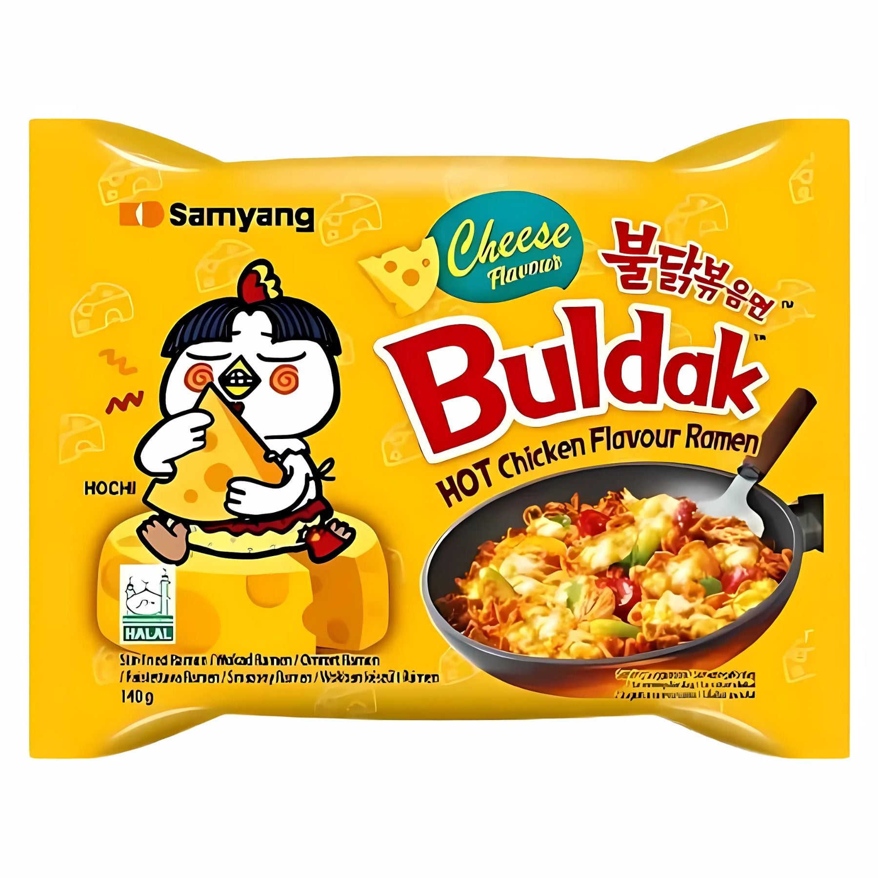 The Samyang - Buldak Hot Chicken And Cheese Flavour Ramen (Halal) 140g package shows a cartoon chicken with cheese next to spicy ramen, emphasizing its bold hot chicken and cheese flavors. The Samyang - Buldak Hot Chicken And Cheese Flavour Ramen (Halal) 140g package shows a cartoon chicken with cheese next to spicy ramen, emphasizing its bold hot chicken and cheese flavors.