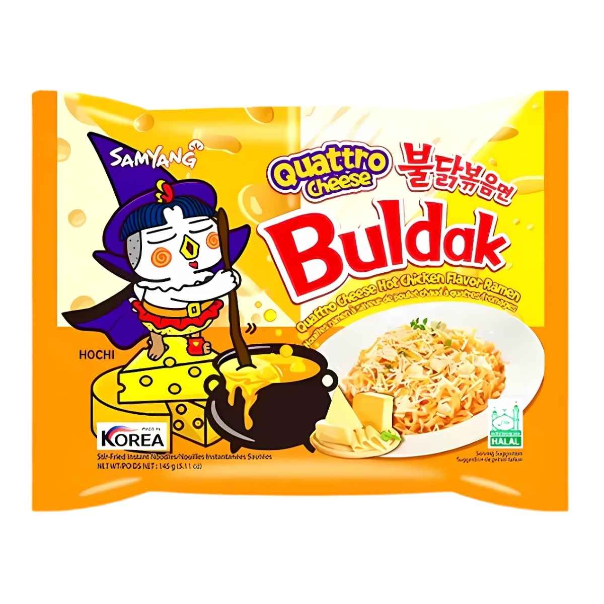 Samyang - Buldak Quattro Cheese Hot Chicken Flavour Ramen (145g) for spice lovers, featuring a cartoon mascot and cheesy noodles on the packaging. Samyang - Buldak Quattro Cheese Hot Chicken Flavour Ramen (145g) for spice lovers, featuring a cartoon mascot and cheesy noodles on the packaging.