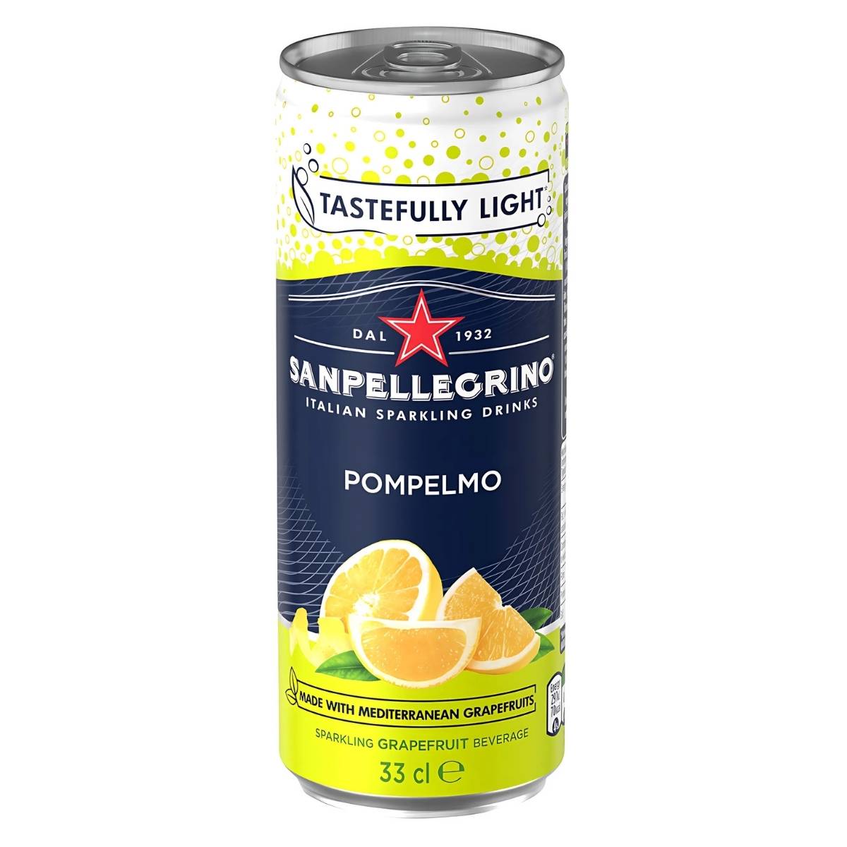 The 330ml Sanpellegrino Italian Sparkling Grapefruit Drink can, adorned with charming grapefruit illustrations and "Tastefully Light" text, invites you to relish its refreshing bubbles. The 330ml Sanpellegrino Italian Sparkling Grapefruit Drink can, adorned with charming grapefruit illustrations and "Tastefully Light" text, invites you to relish its refreshing bubbles.