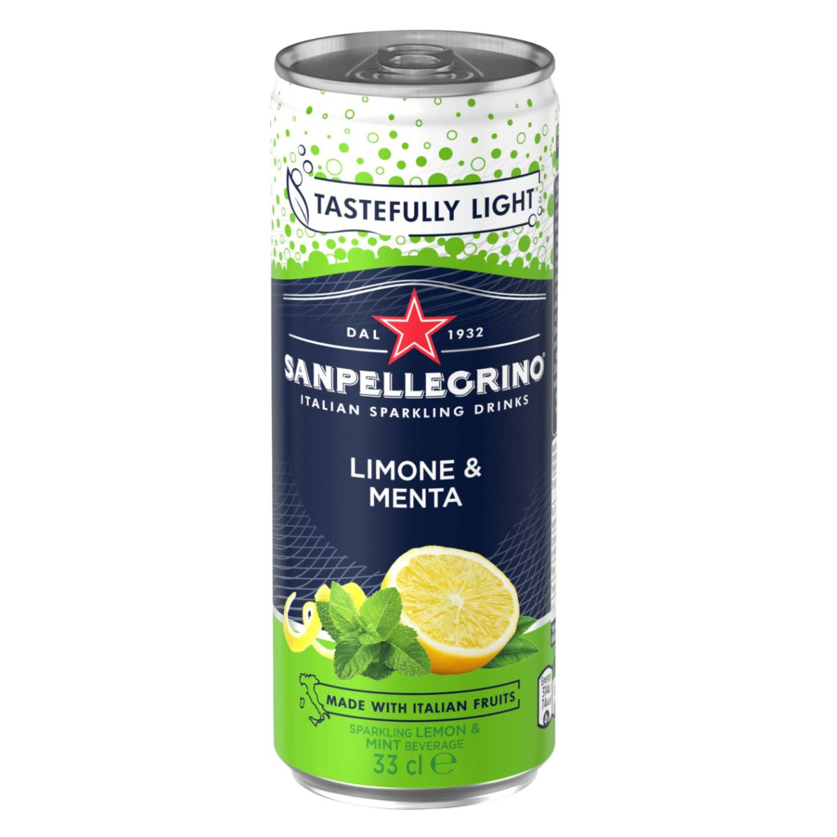 Sanpellegrino - Italian Sparkling Lemon & Mint Drink - 330ml delivers a refreshing taste with a lemon and mint design, labeled "Tastefully Light" and "Made with Italian Fruits," offering 33 cl of invigorating delight. Sanpellegrino - Italian Sparkling Lemon & Mint Drink - 330ml delivers a refreshing taste with a lemon and mint design, labeled "Tastefully Light" and "Made with Italian Fruits," offering 33 cl of invigorating delight.