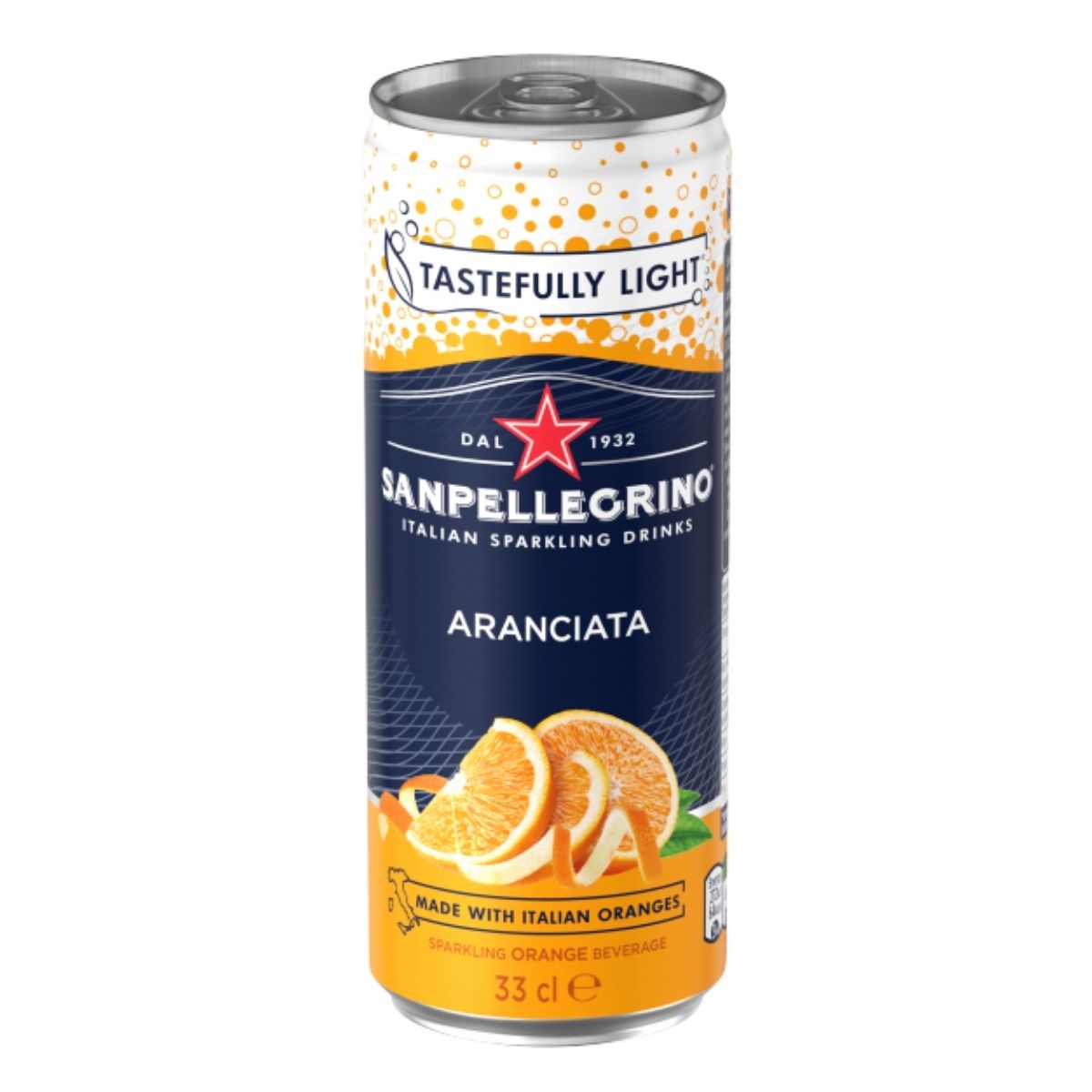 A 330ml can of Sanpellegrino Italian Sparkling Orange Drink, labeled “Tastefully Light,” features orange slice images and highlights its natural orange flavors made with Italian oranges. A 330ml can of Sanpellegrino Italian Sparkling Orange Drink, labeled “Tastefully Light,” features orange slice images and highlights its natural orange flavors made with Italian oranges.