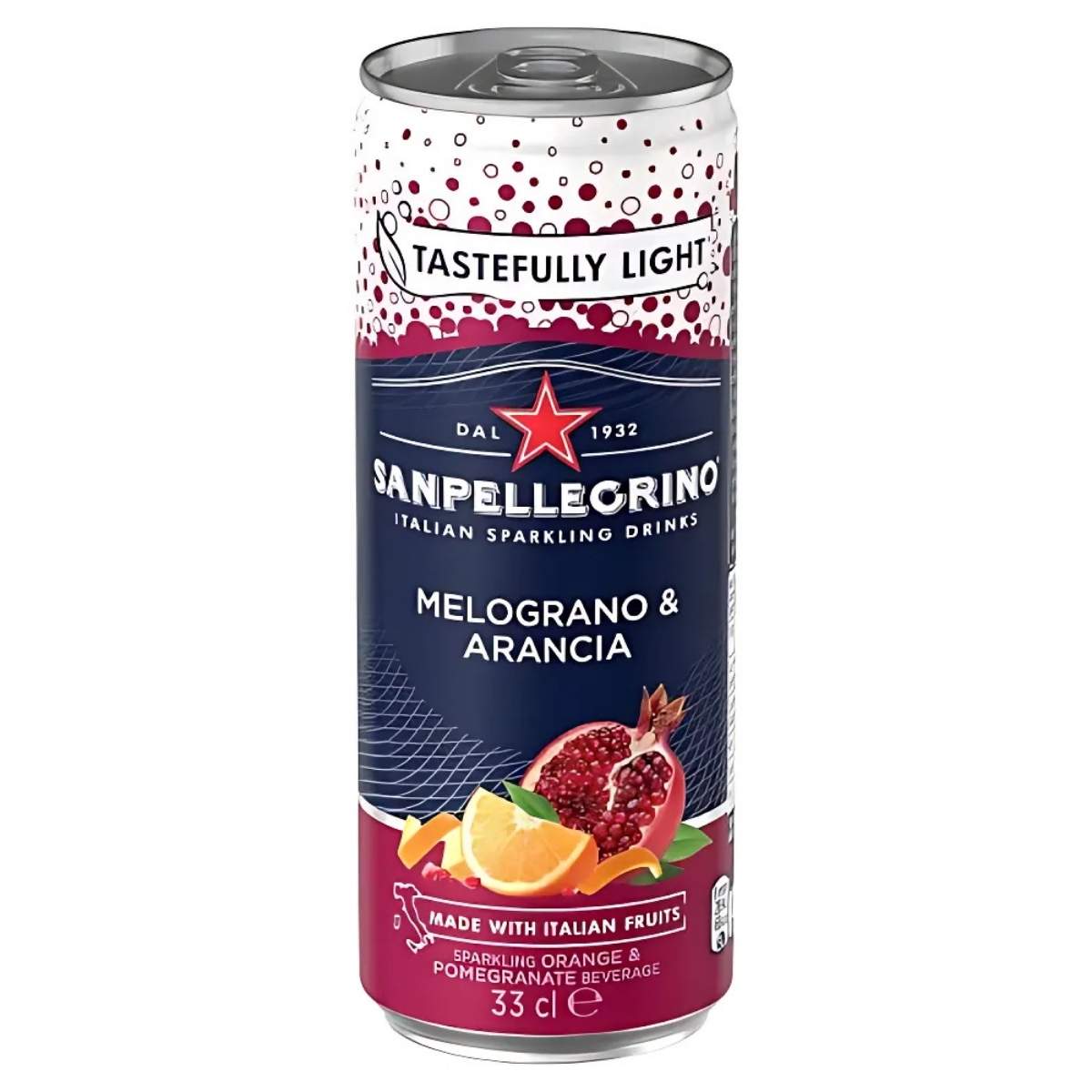The Sanpellegrino - Italian Sparkling Orange & Pomegranate Drink, labeled "Tastefully Light," is a 330ml Italian beverage featuring a sparkling design with pomegranate and orange imagery. The Sanpellegrino - Italian Sparkling Orange & Pomegranate Drink, labeled "Tastefully Light," is a 330ml Italian beverage featuring a sparkling design with pomegranate and orange imagery.