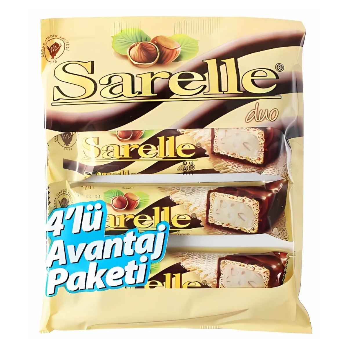 A 4-pack (132g) of Sarelle Milk Chocolate Coated Hazelnut Paste Filled Bars, labeled “4’lü Avantaj Paketi,” is displayed on the front. A 4-pack (132g) of Sarelle Milk Chocolate Coated Hazelnut Paste Filled Bars, labeled “4’lü Avantaj Paketi,” is displayed on the front.