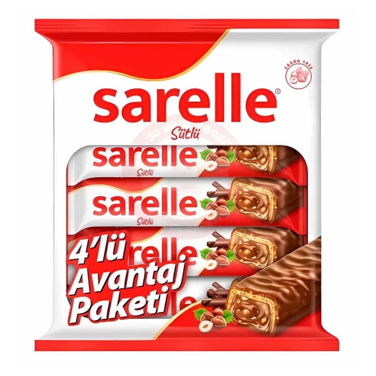 Sarelle - Milk Chocolate Covered Wafers with Hazelnut Cream 4 Pack (132g), labeled "4'lü Avantaj Paketi" in Turkish. Sarelle - Milk Chocolate Covered Wafers with Hazelnut Cream 4 Pack (132g), labeled "4'lü Avantaj Paketi" in Turkish.