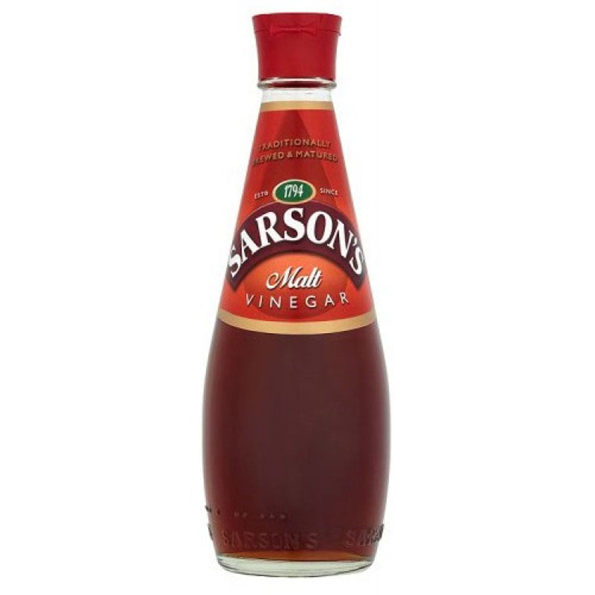 A bottle of Sarsons - Malt Vinegar - 400ml on a white background.