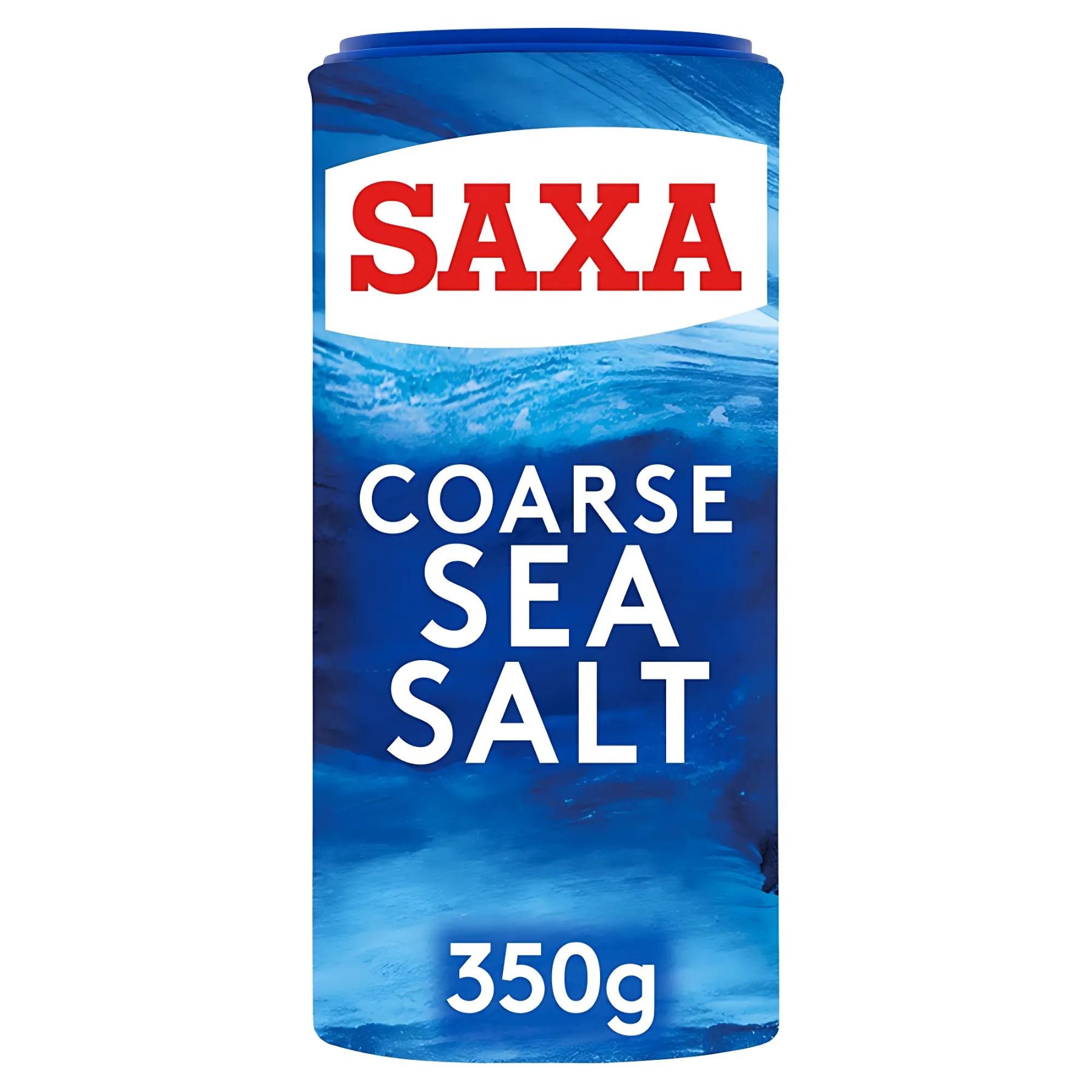 A 350g container of Saxa Sea Salt Coarse, a mineral-rich sea salt featuring a blue design with the brand name displayed in red and white at the top. A 350g container of Saxa Sea Salt Coarse, a mineral-rich sea salt featuring a blue design with the brand name displayed in red and white at the top.