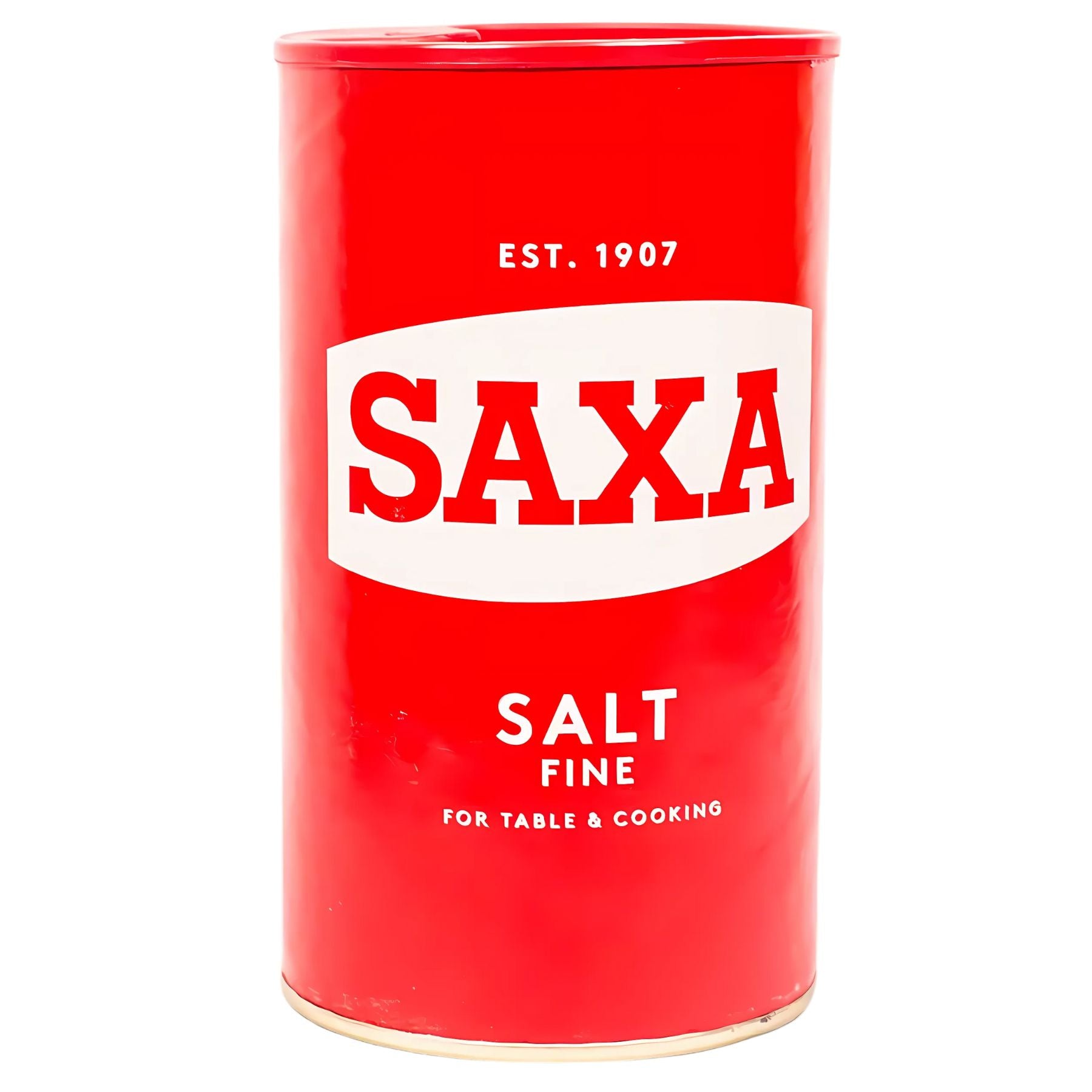 A 750g Saxa Fine Table Salt Drum, red and cylindrical, labeled for cooking and table use with "Est. 1907" at the top. A 750g Saxa Fine Table Salt Drum, red and cylindrical, labeled for cooking and table use with "Est. 1907" at the top.