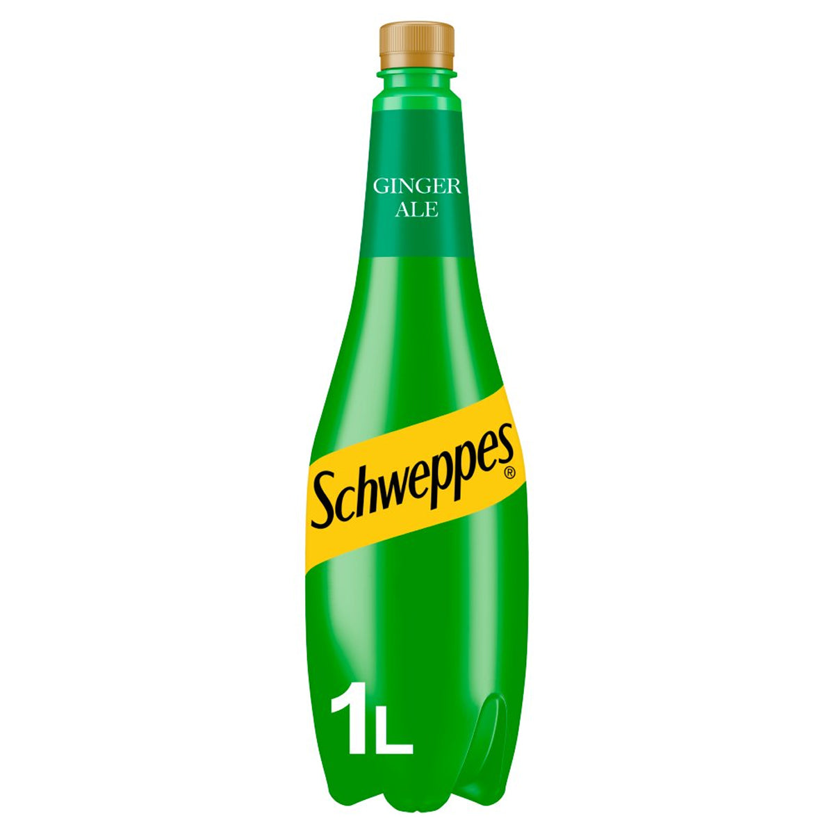 A bottle of Schweppes Canada Dry Ginger Ale - 1L on a white background.