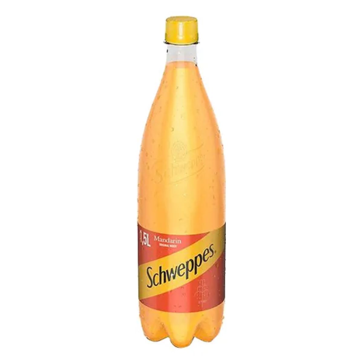 A bottle of Schweppes - Mandarin - 1.5L soda on a white background. A bottle of Schweppes - Mandarin - 1.5L soda on a white background.