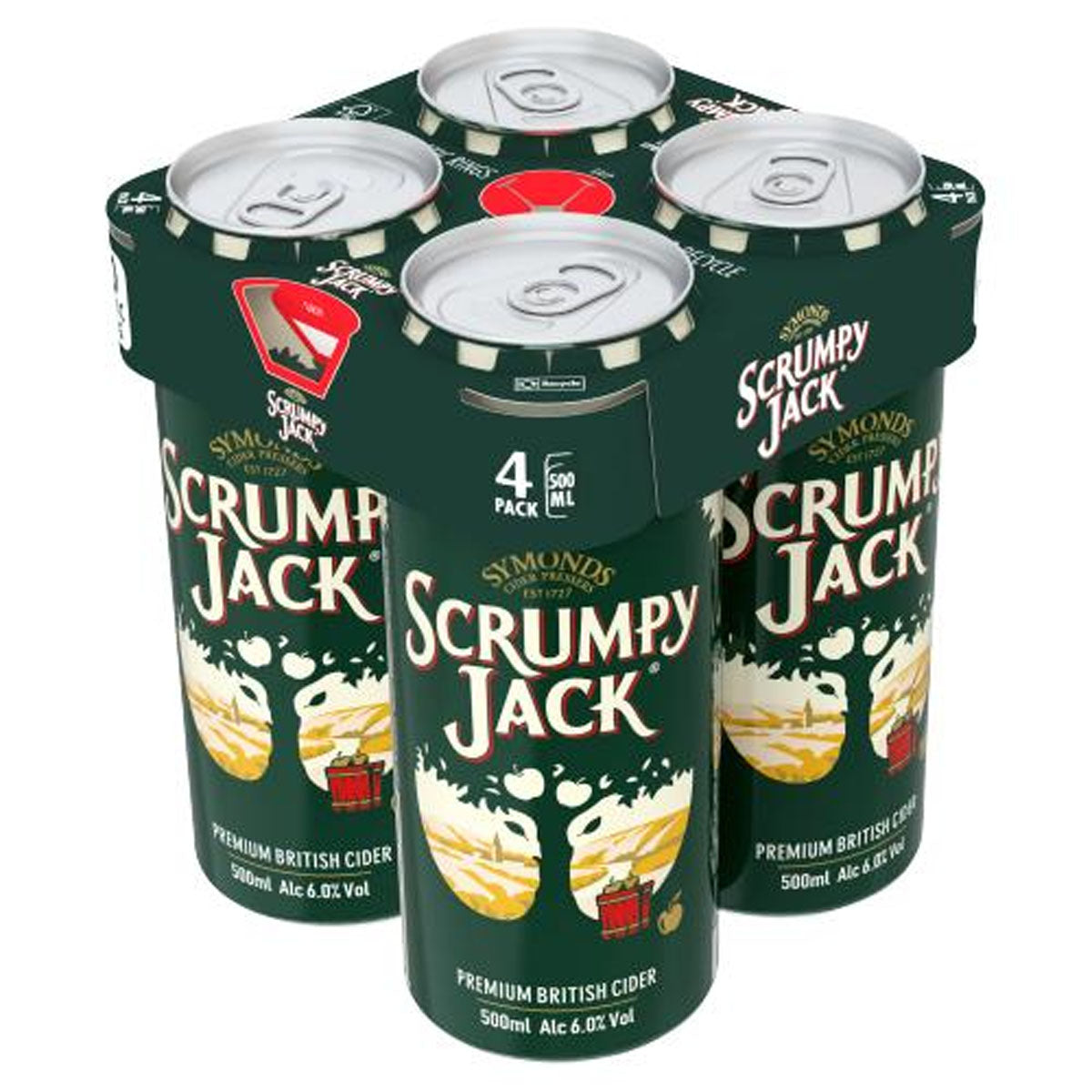 Four cans of Scrumpy Jack - Premium British Cider Can (6% ABV) - 4 x 500ml on a white background.