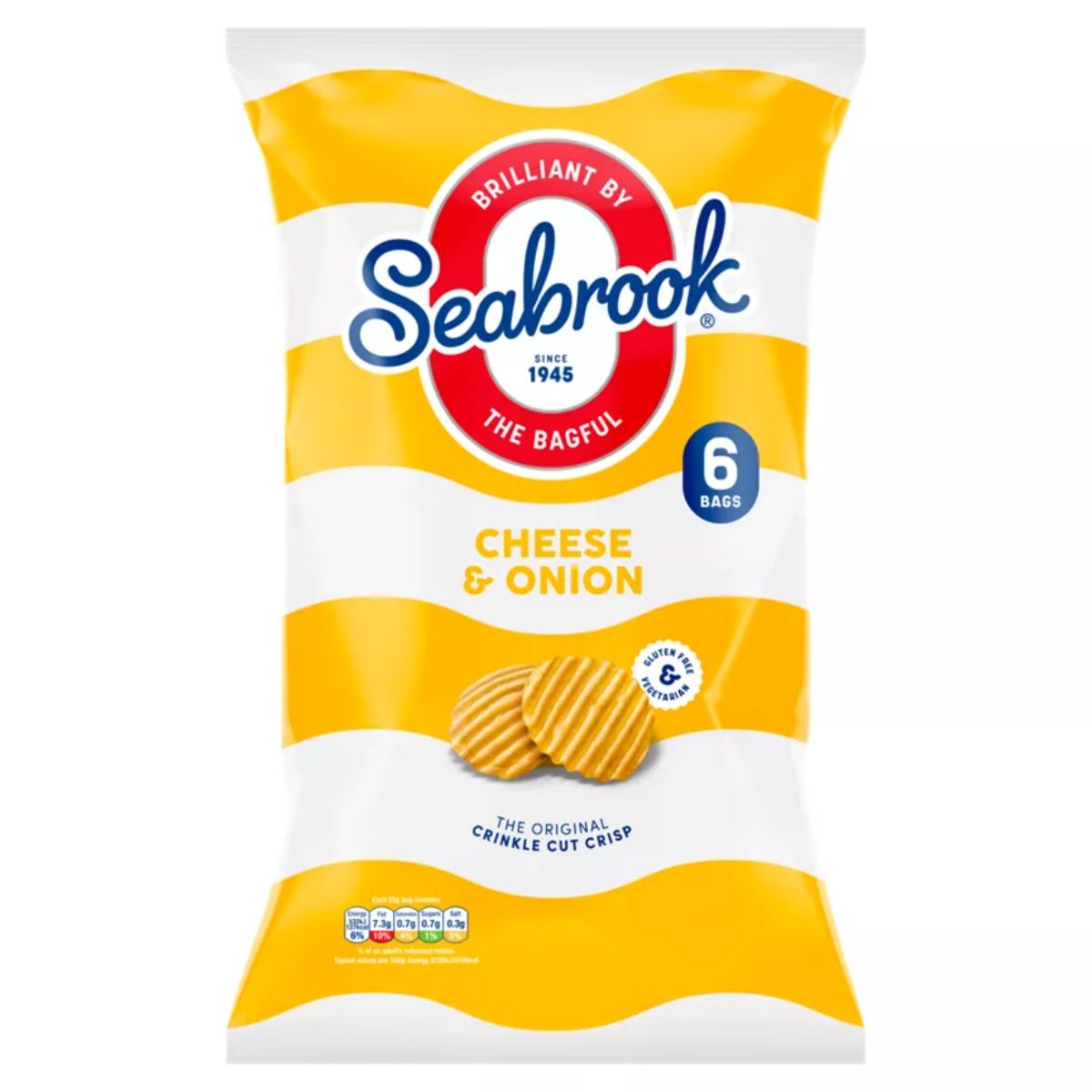 Seabrook - Cheese & Onion Flavour The Original Crinkle Cut - 6 x 25g chips. Seabrook - Cheese & Onion Flavour The Original Crinkle Cut - 6 x 25g chips.