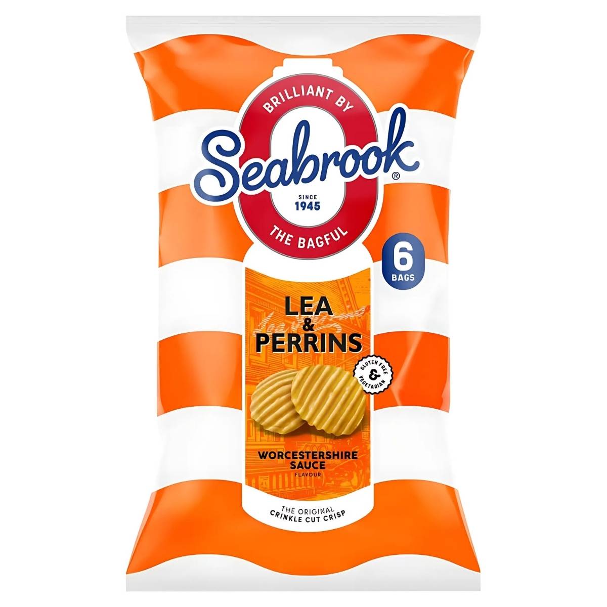 A bag of Seabrook - Worcestershire Sauce Flavour contains six 25g packs and features orange and white stripes. A bag of Seabrook - Worcestershire Sauce Flavour contains six 25g packs and features orange and white stripes.