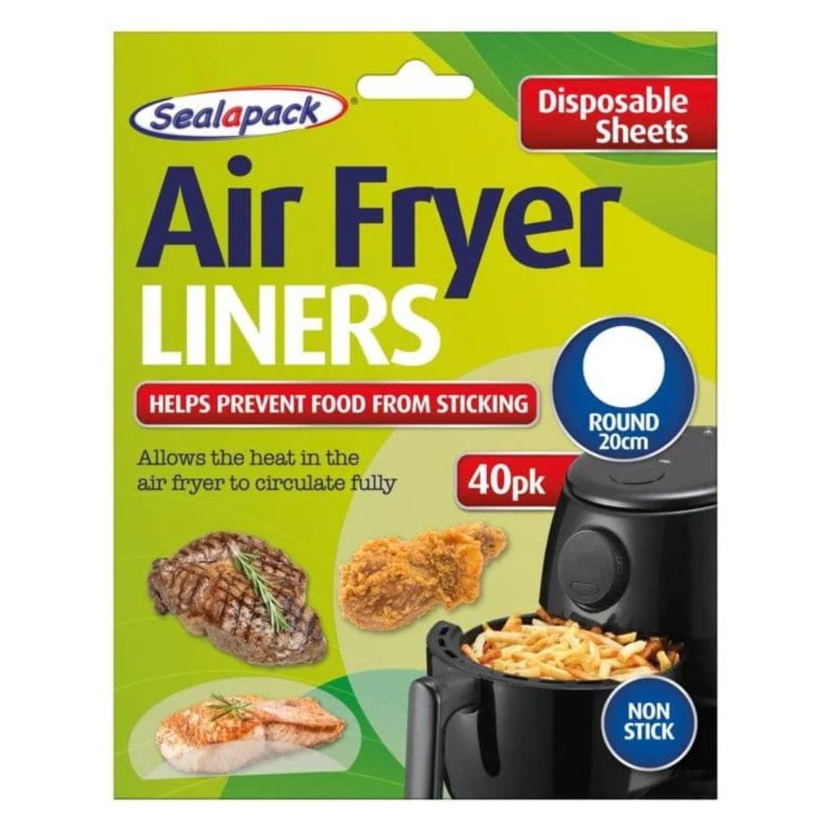 Package of Sealapack - Air Fryer Liner Round - 40pcs, non-stick, designed to prevent food from sticking and allow heat circulation. Package of Sealapack - Air Fryer Liner Round - 40pcs, non-stick, designed to prevent food from sticking and allow heat circulation.