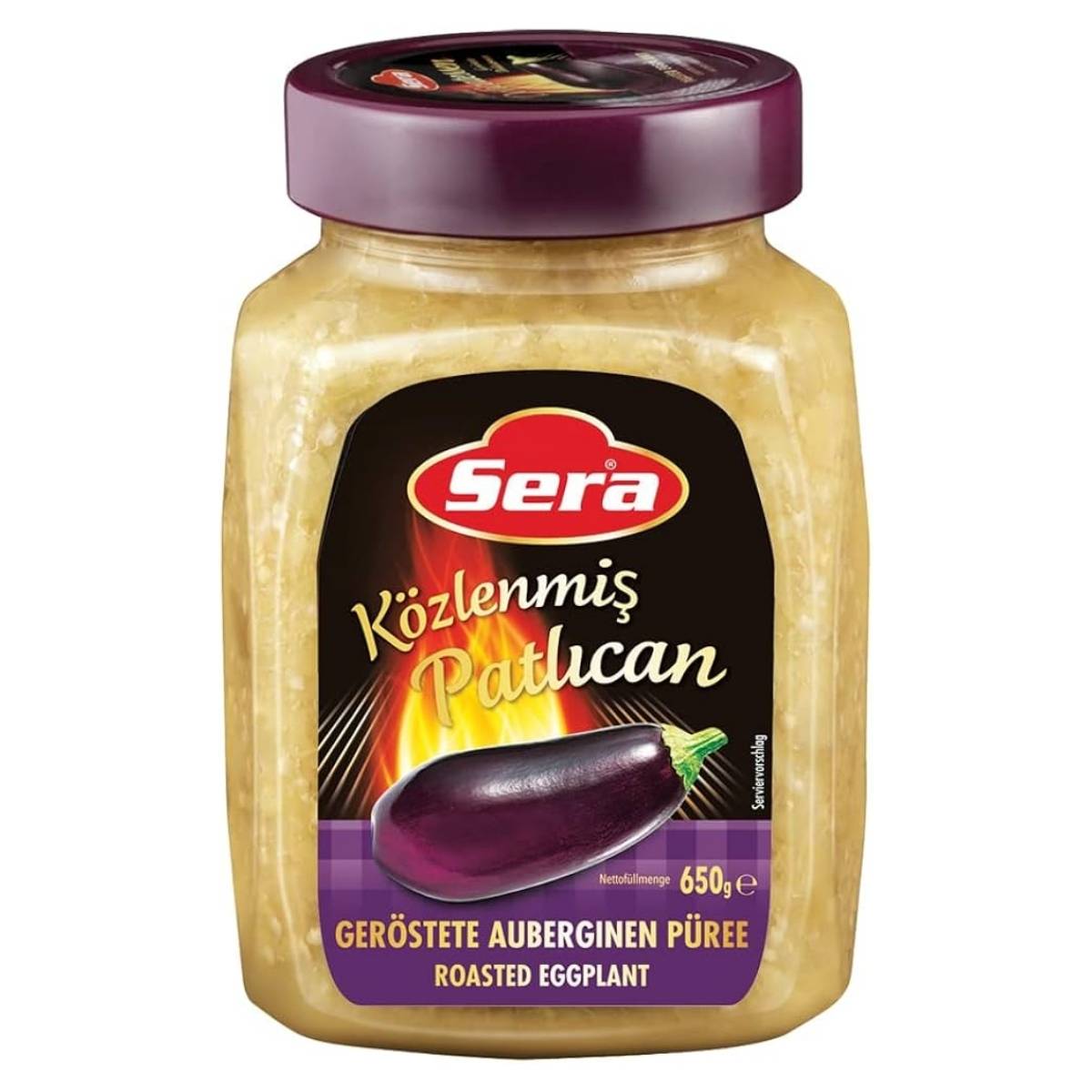 A 650g jar of Sera - Roasted Aubergine Puree dip spread, with a purple lid and label showing an eggplant and text in Turkish and English. A 650g jar of Sera - Roasted Aubergine Puree dip spread, with a purple lid and label showing an eggplant and text in Turkish and English.